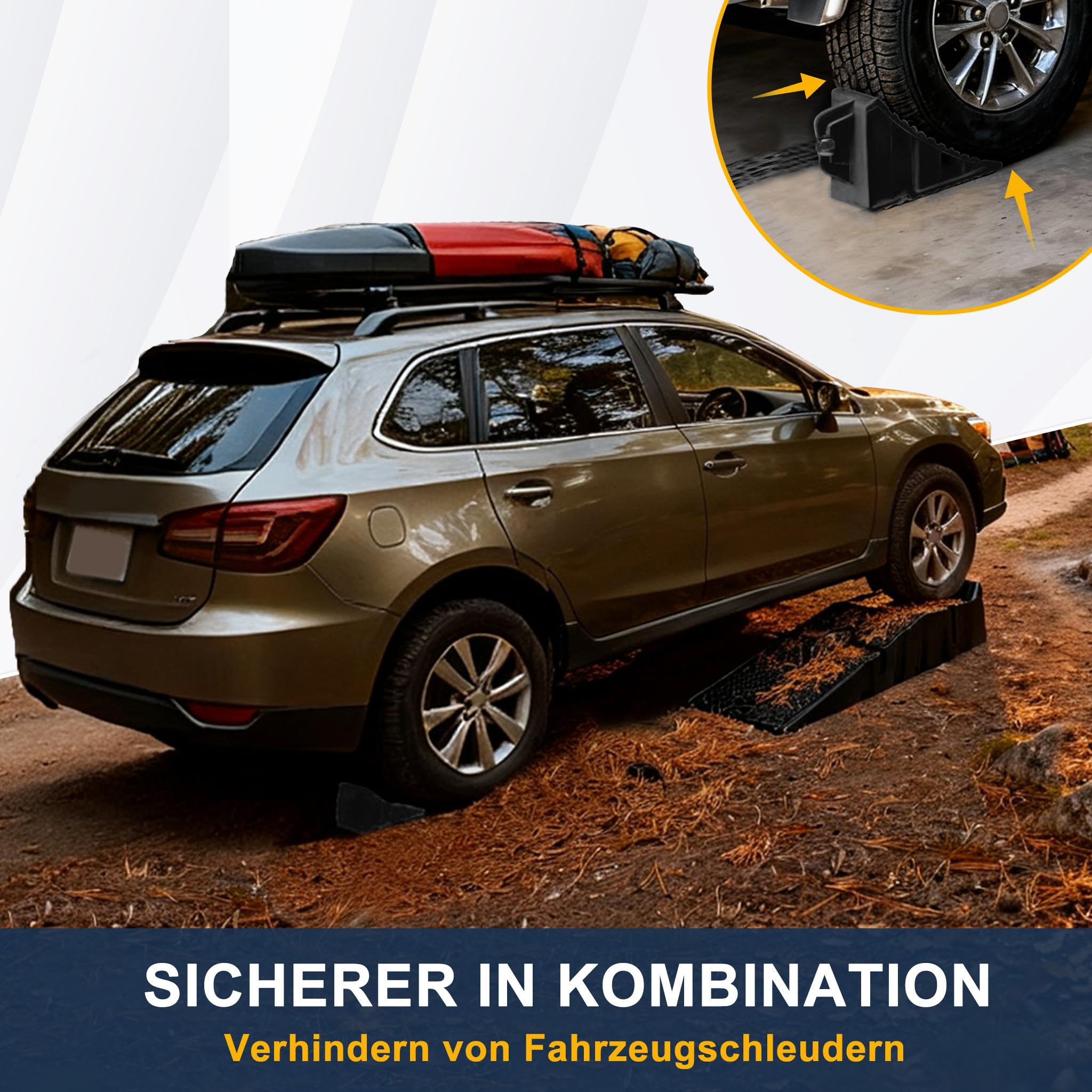 Aufun Auffahrrampe PKW 2er Set, Einzelne Rampe bis 2,5 T, Hochbelastbare Auto Rampe rutschfest für Wohnmobil, Anhänger, Garage, Werkstatt, Ölwechsel und Reparatur, Mit 2pcs Schwarz Unterlegkeil