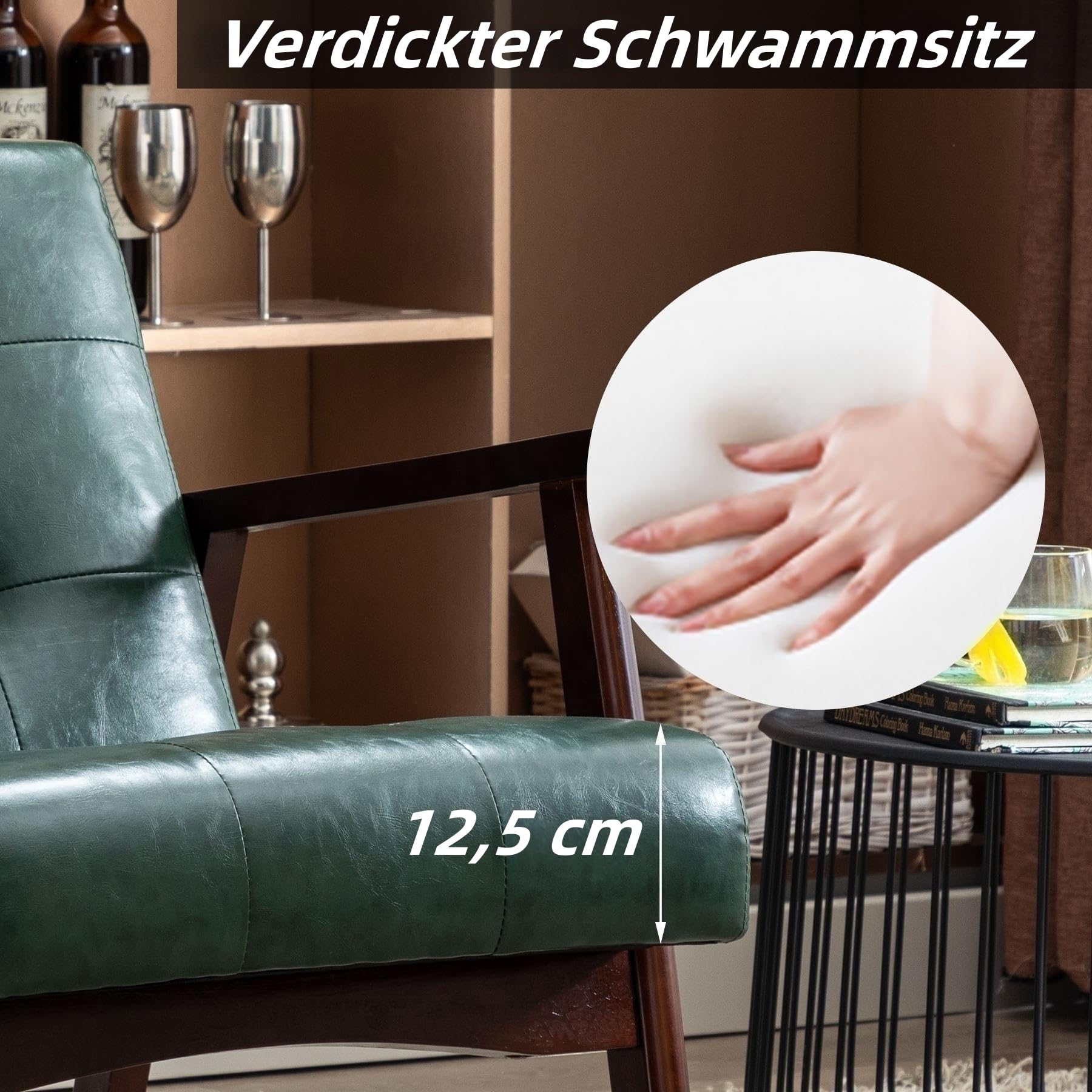 Retro Holzsessel Wohnzimmer Massivholz Gepolsterter Sessel Lounge Sessel mit Armlehnen mittelalterlicher Holzrahmen Designstuhl aus Kunstleder und Eiche für Schlafzimmer Café Balkon Grün