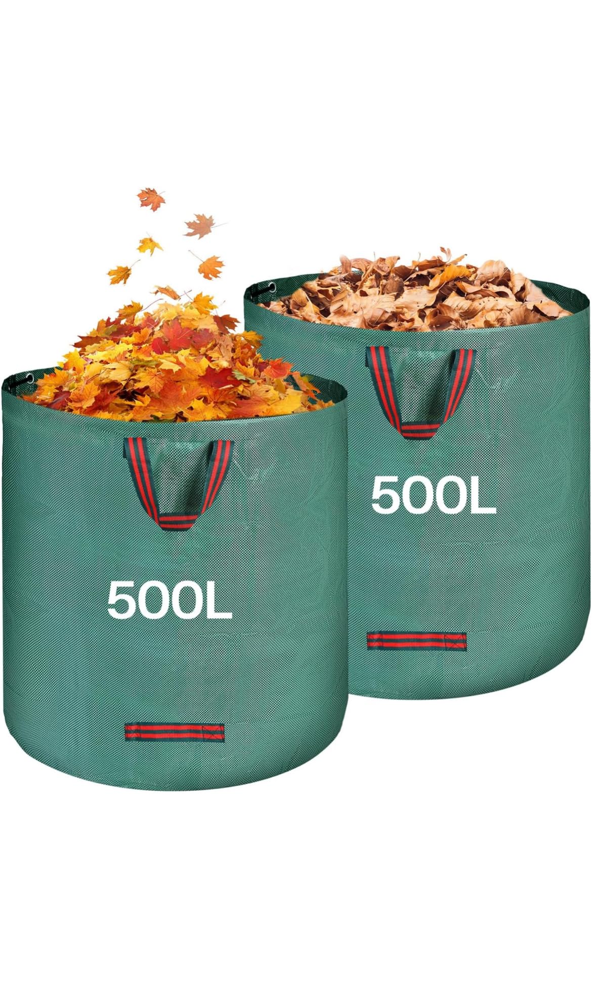 2 X 500L Sacchi Giardinaggio - Sacchi per Rifiuti da Giardino Pieghevole con Maniglie - Sacchi per Raccogli Foglie da Giardino, Impermeabile, resistente, Riutilizzabile