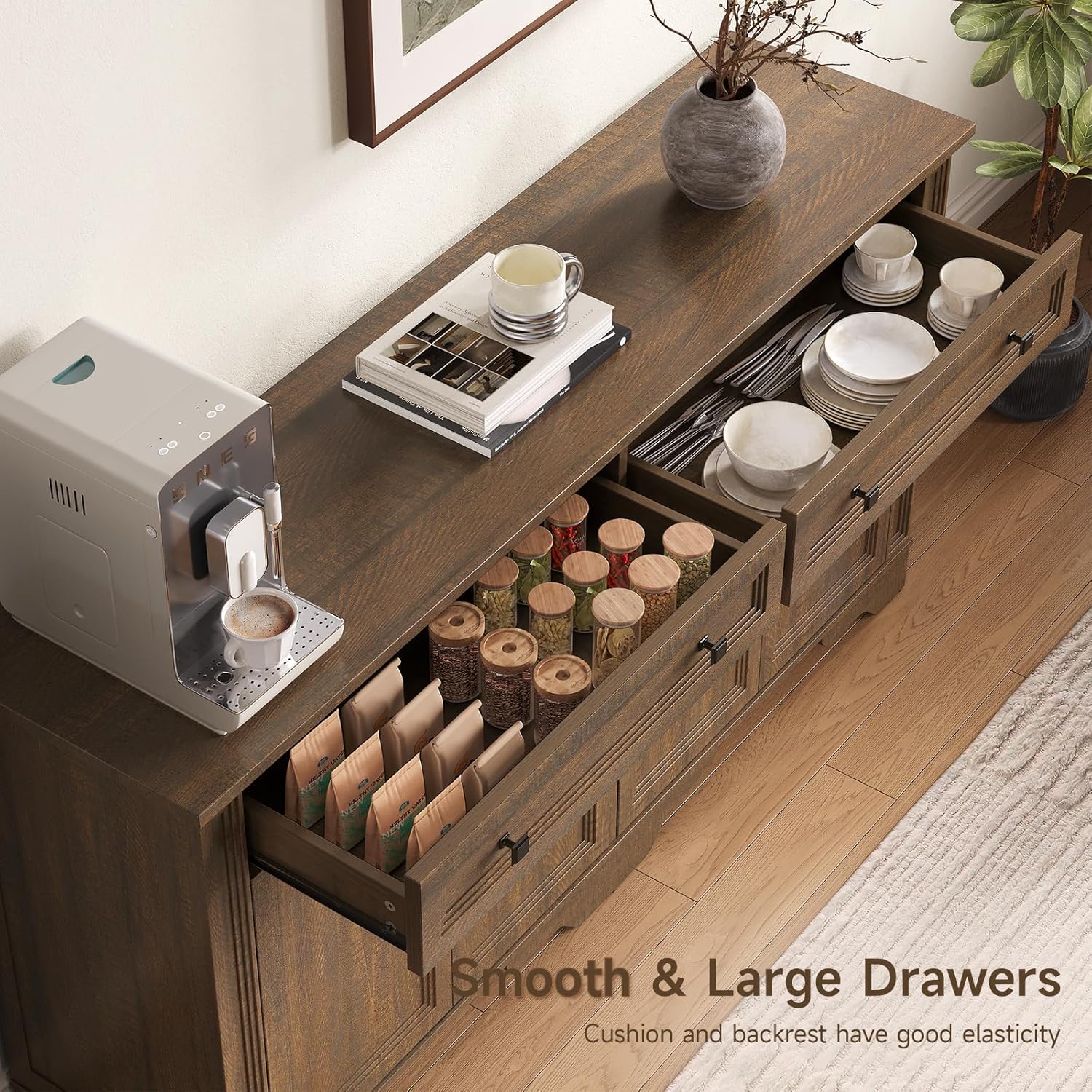 ONBRILL 63" Sideboard Buffet Cabinet, Kitchen Buffet Storage Cabinet, Large Credenza with Drawers & Doors, Wood Coffee Bar Console Wine Bar for Living Room Hallway Brown