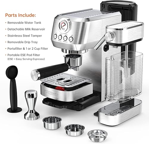 Miniatura 5 de Máquina de capuchino y máquina de café expreso, 20 bares de acero inoxidable para el hogar con sistema automático de espuma de leche, regalos del