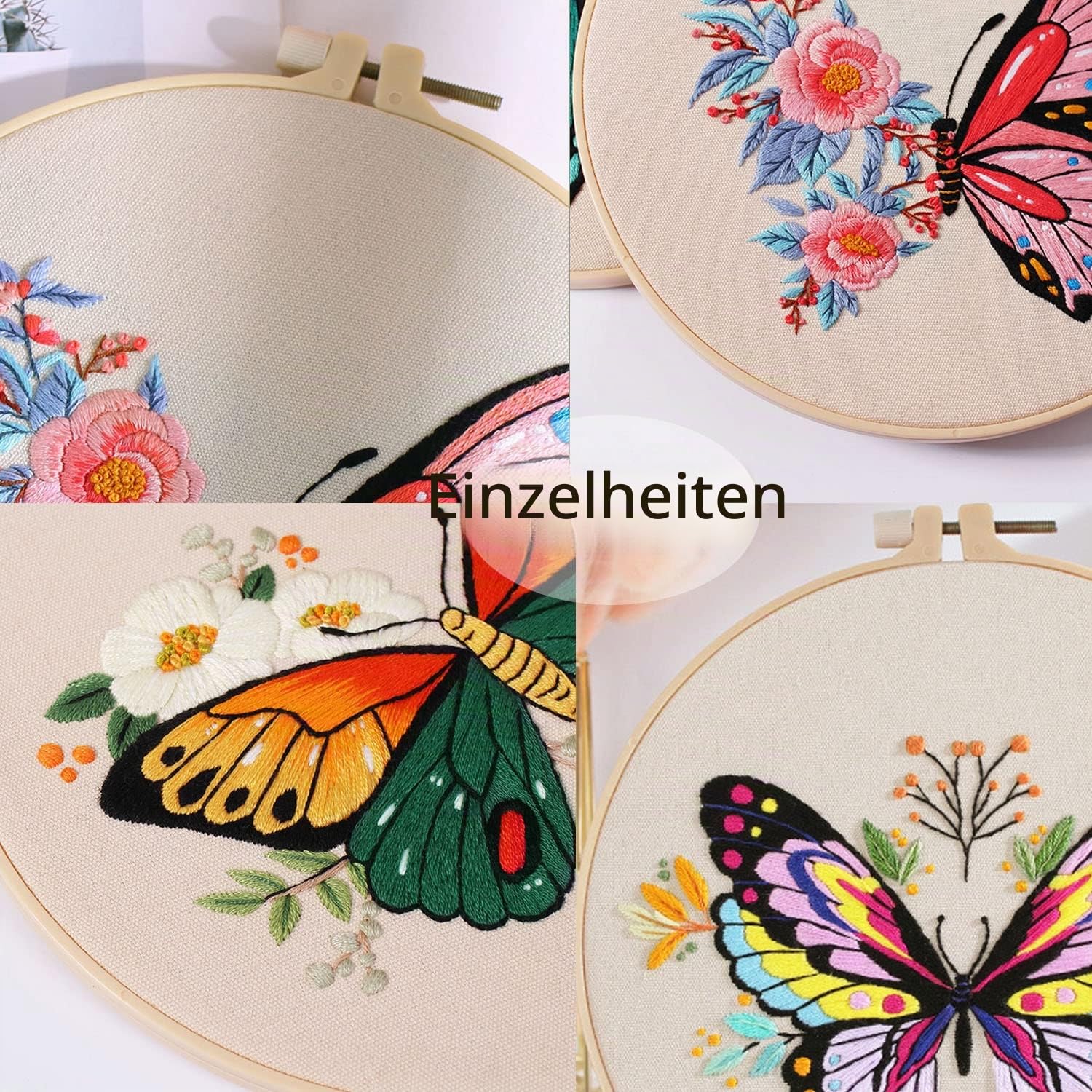 VINTAGE EMBROIDERY V.E. Stickset für Anfänger, 4 Sets Schmetterlingsstickerei Starter Kits mit Mustern und Anleitungen Kreuzstich-Kits, Stickerei Kleidung mit Muster, Bambus-Reifen, Fäden und Nadeln