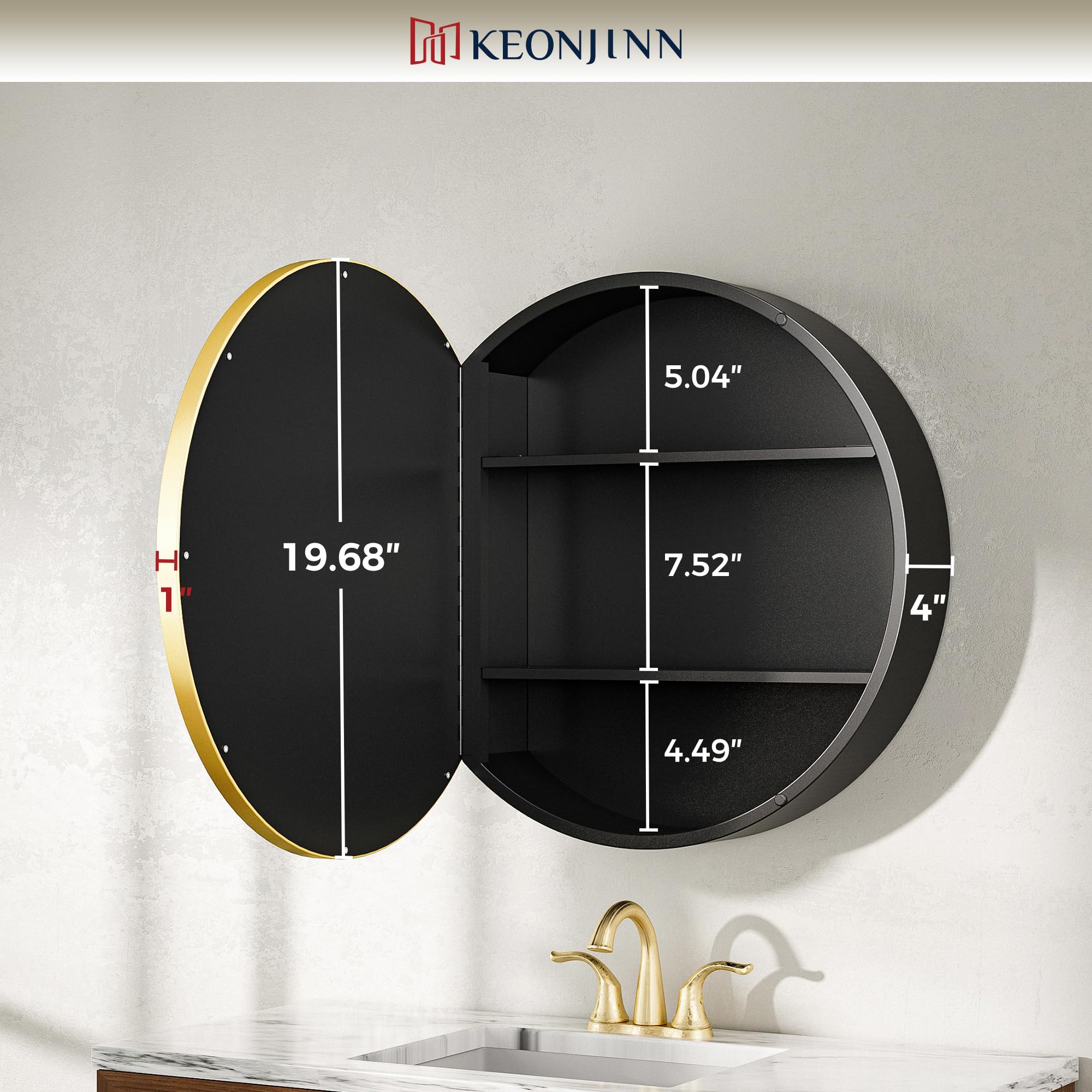 Snapklik.com : Keonjinn 20" X 20" Round Medicine Cabinet Mirror, Gold