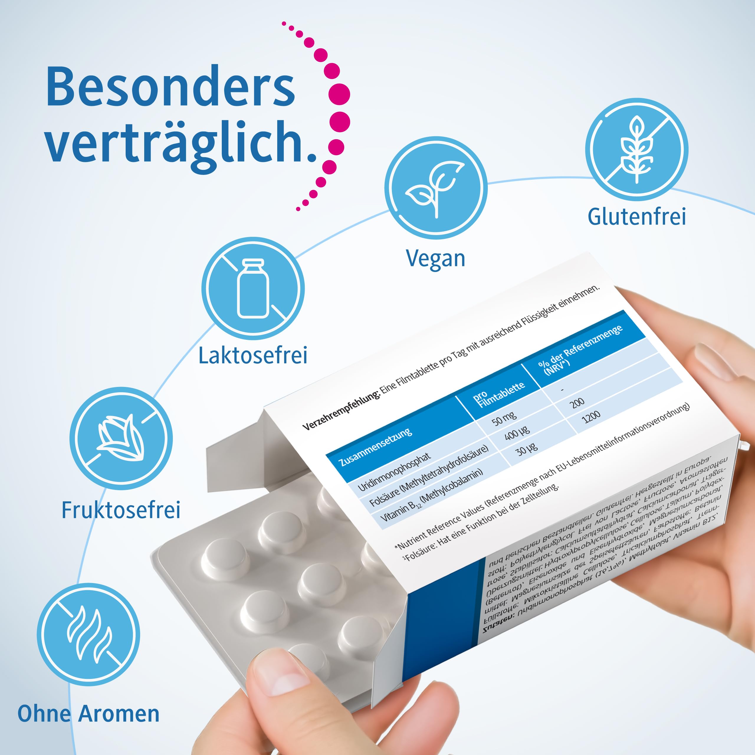 Nahrungsergänzungsmittel mit Uridinmonophosphat, Folsäure und Vitamin B12 | wertvolle Vitamine für Zellteilung & Zellneubildung | vegan & glutenfrei | 180 Filmtabletten