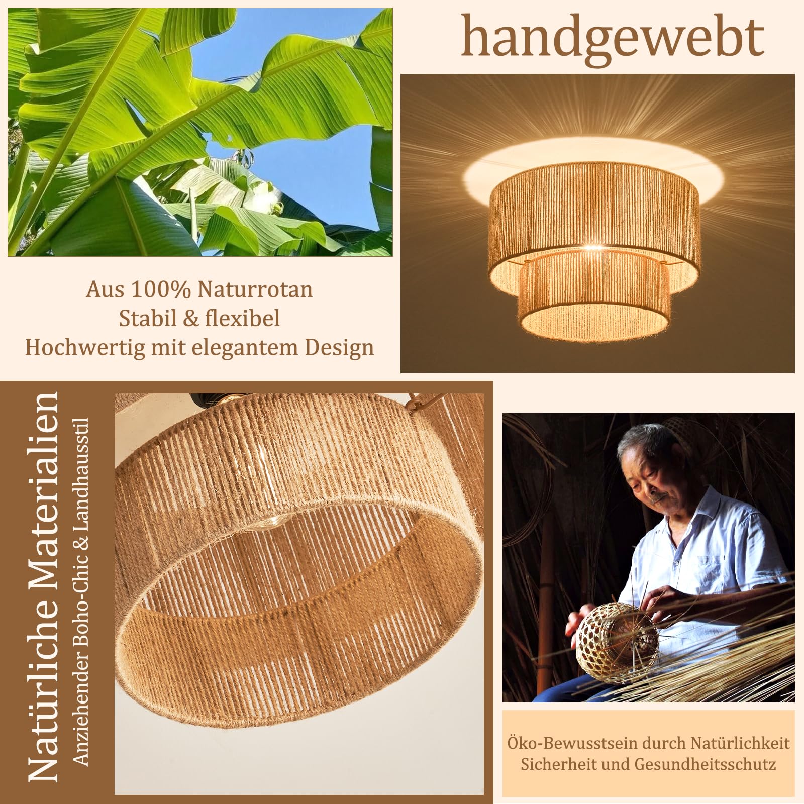 NUODIFAN Boho Deckenlampe aus Juteschnur 40 cm rustikale Jute-Leuchte für Schlafzimmer, Wohnzimmer, Küche, E27 Fassung