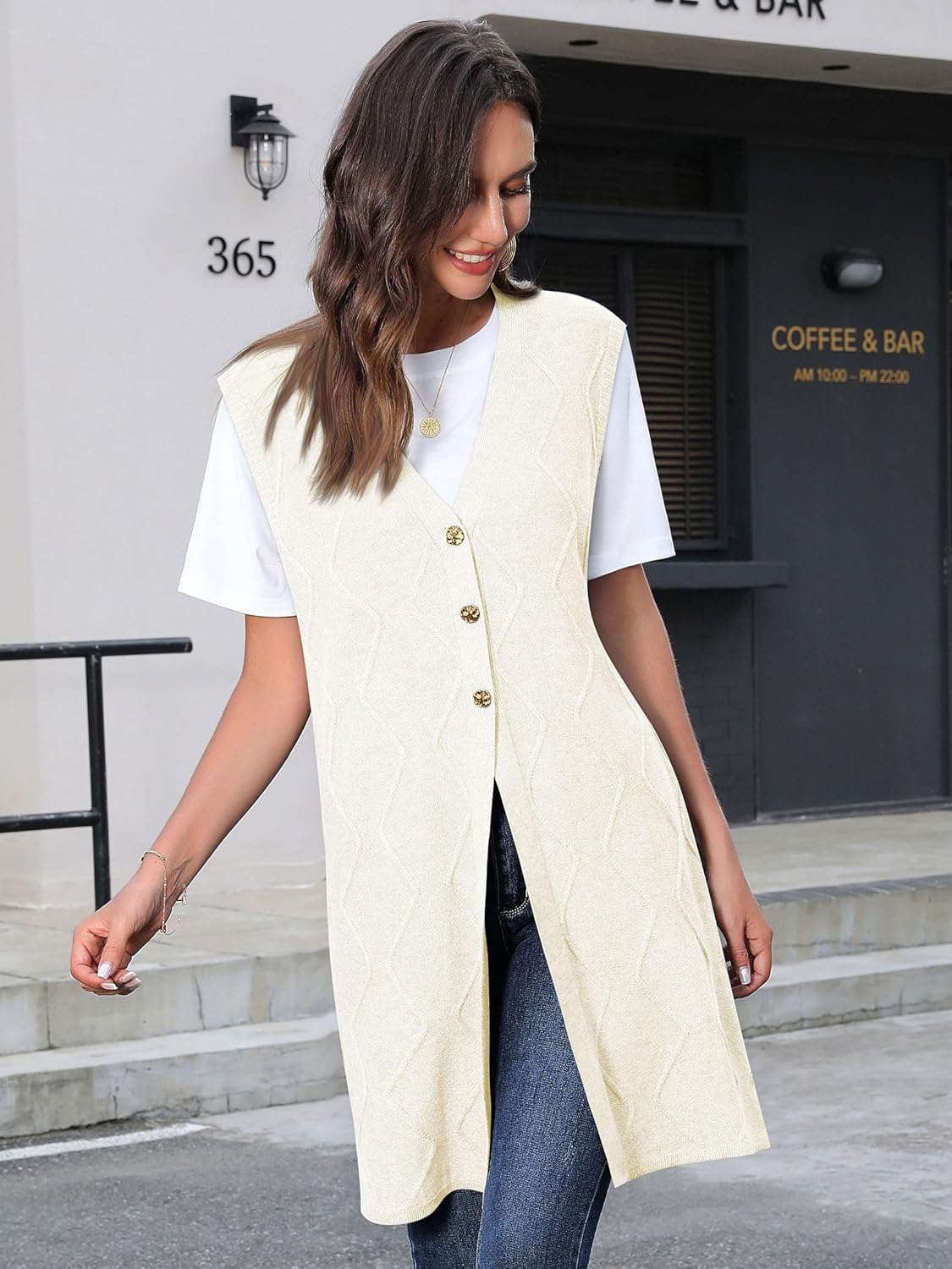 ZXZY Womens Dressy Casual Long Sweater Cardigan Sleeveless V Neck Button Up Cable Knit Tunic Vests - Image 4