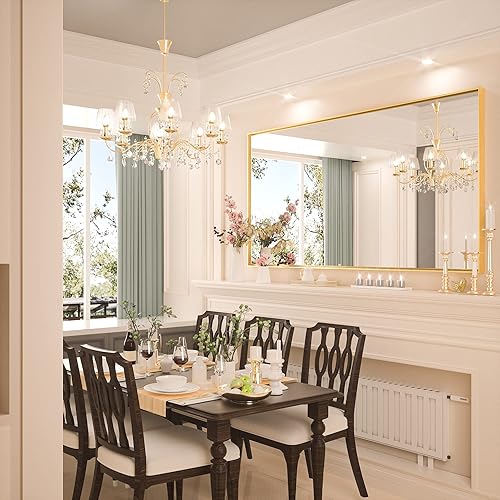 Miniatura 325 de Keonjinn Espejo de baño dorado de 48 x 36 pulgadas, espejo rectangular con marco de metal dorado cepillado, espejo de pared grande rectangular