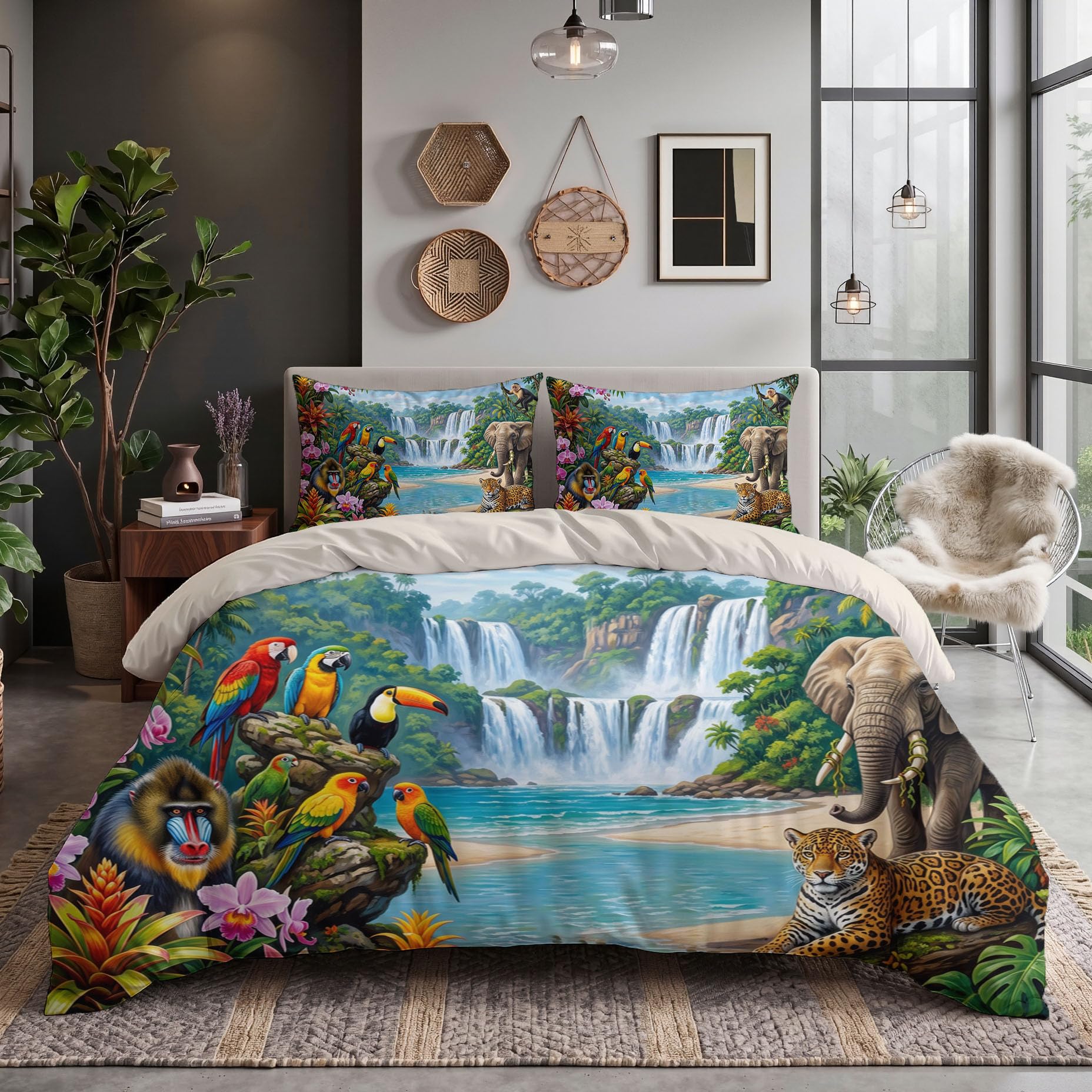 Housse de Couette 140x200cm pour 1 Personne Paysage Rivière Cascade | Parure de Lit Réversible Jungle Tropicale Fantastique, Ensemble de Literie en Microfibre Douce avec 1 Taies d'oreiller
