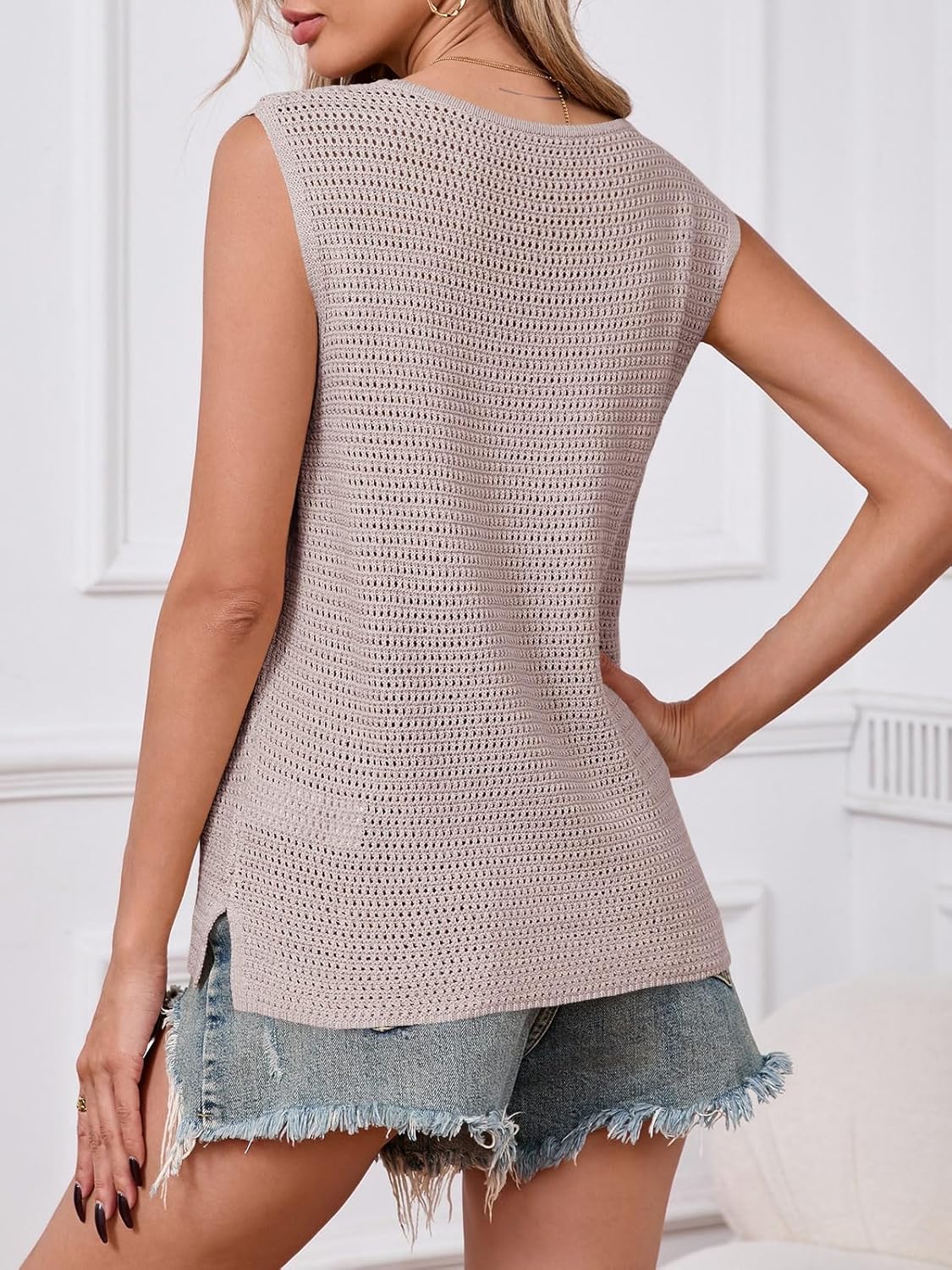 Saodimallsu Womens Crochet Tank Tops Summer Sleeveless Crew Neck Basic Mesh Knit Loose Pullover Sweater Vest - Image 5