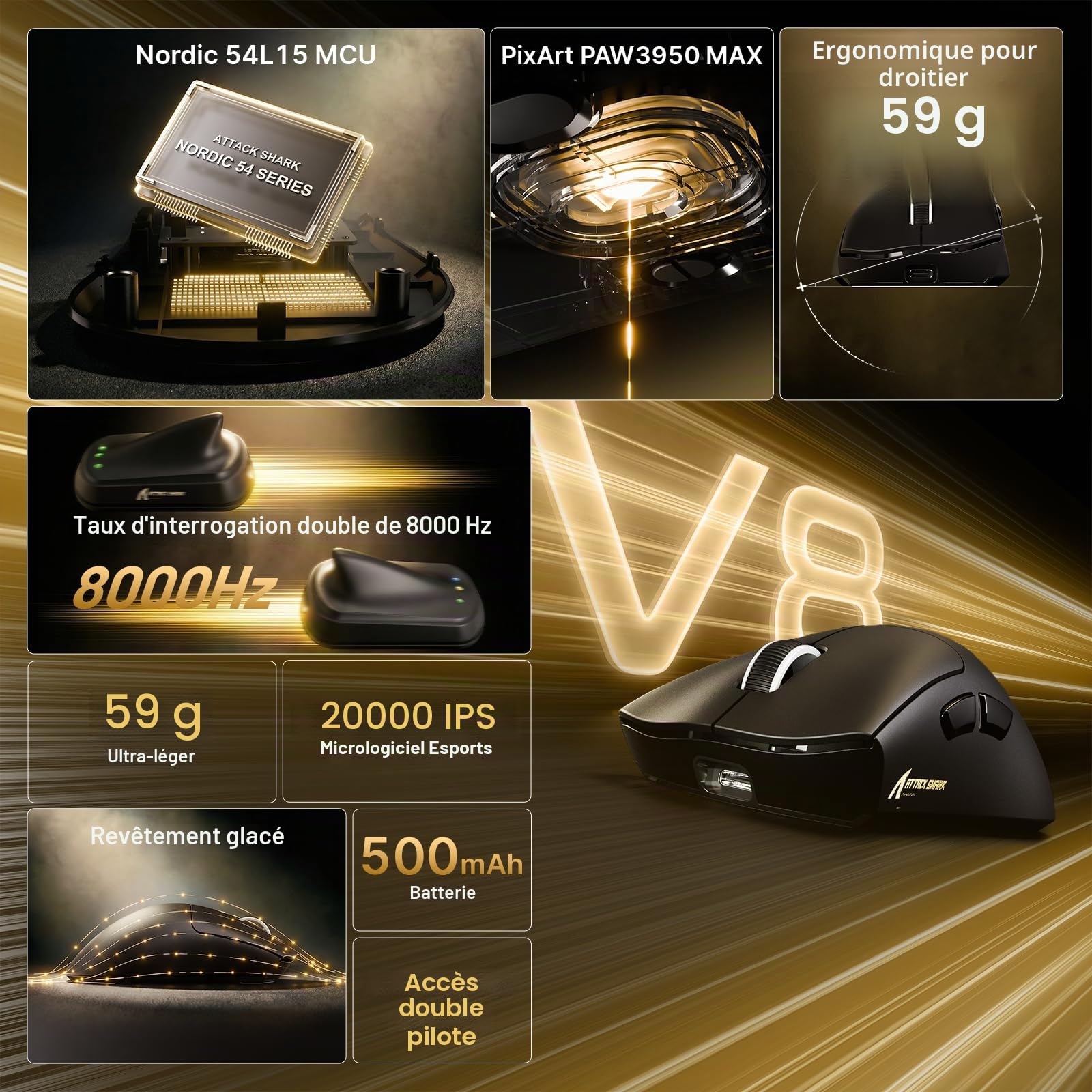 ATTACK SHARK V8 Souris de Jeu sans Fil avec Câble Spirale LED, Nordic 54L15 Chip, PAW3950MAX, 42000DPI, Dual 8000Hz, 59g Léger for Big Hand, Design Dongle Aileron de Requin, 2.4Ghz/BT/Filaire, Noir