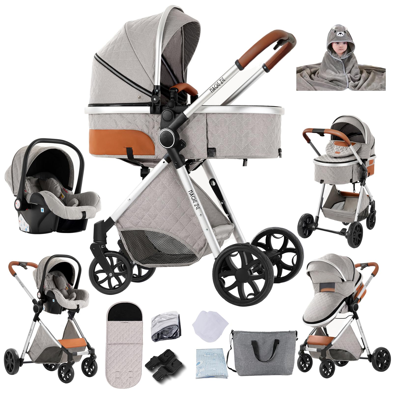 Magic ZC Passeggino Trio, Passeggino 3 in 1 con Spinta Reversibile a Due Vie, Trio Neonati con Accessori, Carrozzina per Neonati con Design Portatile Pieghevole Un Clic (YV9 Light Grey)