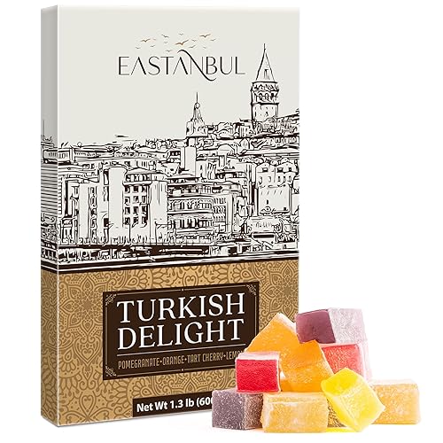 Eastanbul Turkish Delight Candy 21.2oz, 4 Flavors Pomegranate, Orange, Tart Cherry, & Lemon Turkish Delights Assorted, Foreign Candy of Turkish Lokum, Turkish Delight Plain, International Candy Box, Valentine's Day Gift - 1.32lb