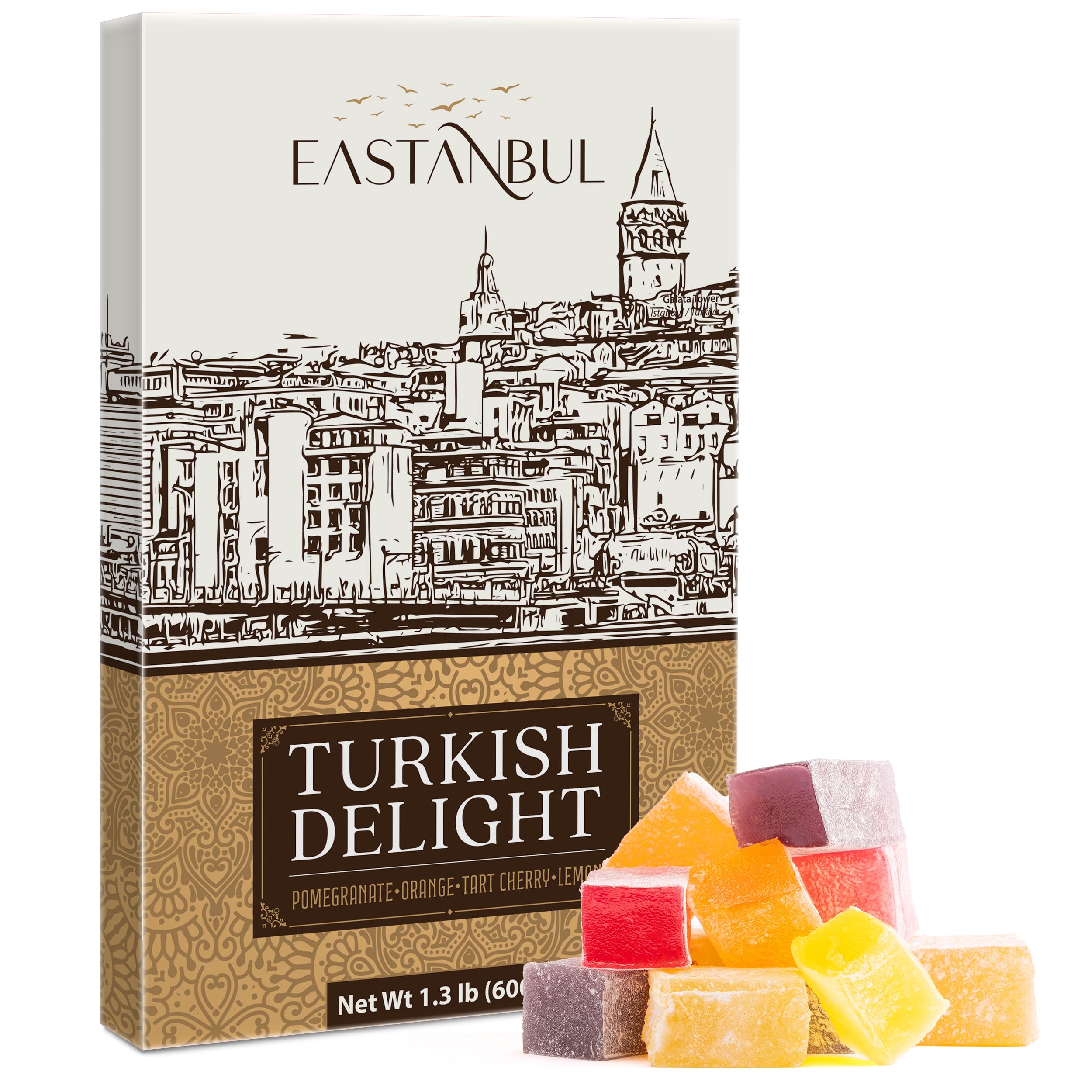 Turkish Delight Candy 21.2oz, 4 Flavors Pomegranate, Orange, Tart Cherry & Lemon Turkish Delights Assorted, Foreign Candy of Turkish Lokum, Turkish Delight Plain, International Candy Box