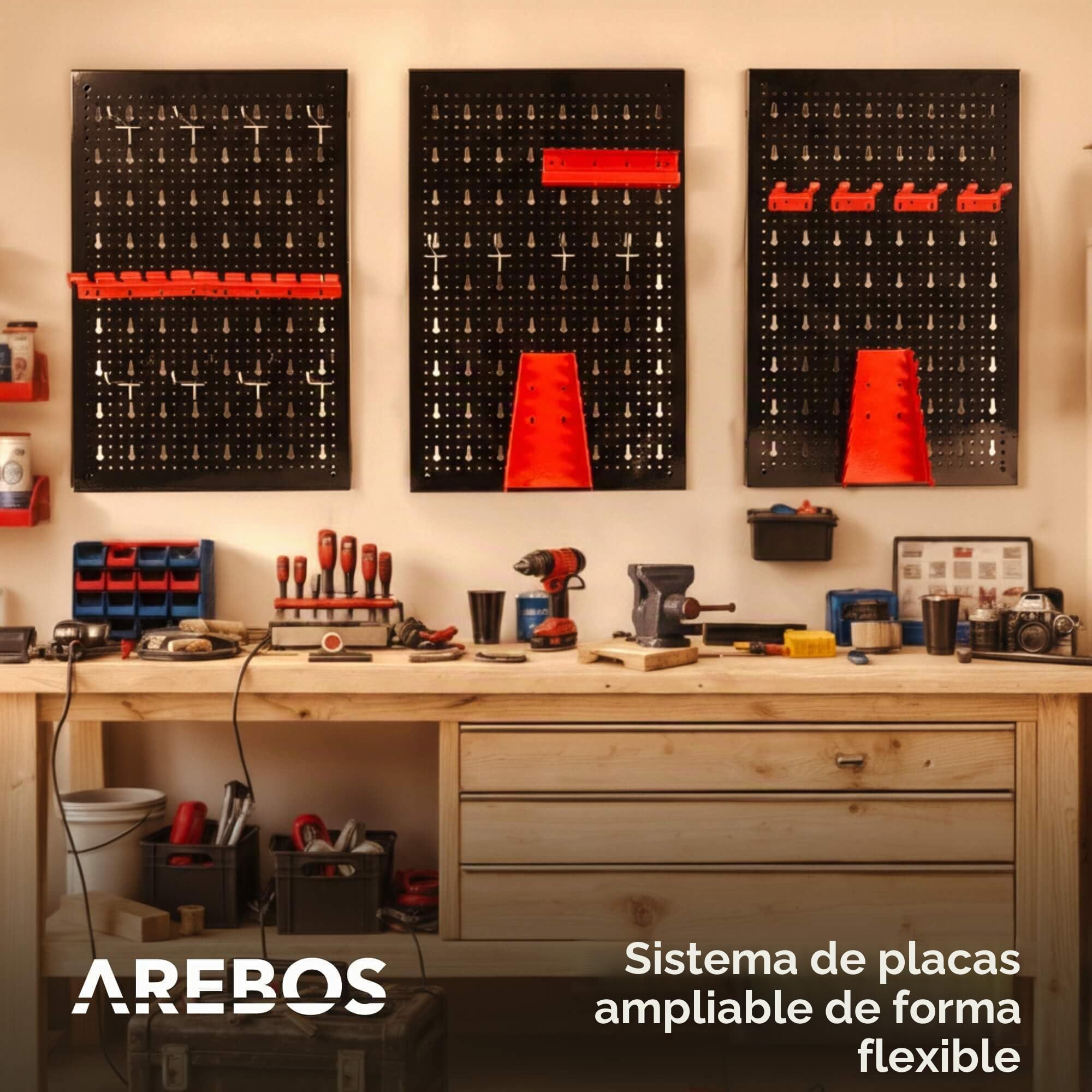 Arebos Panel Portaherramientas de 17 piezas | 117,6 x 59,5 x 2cm | Juego de ganchos y soportes | Pared de herramientas de metal perforado para equipamiento de taller incl. material de montaje | Rojo