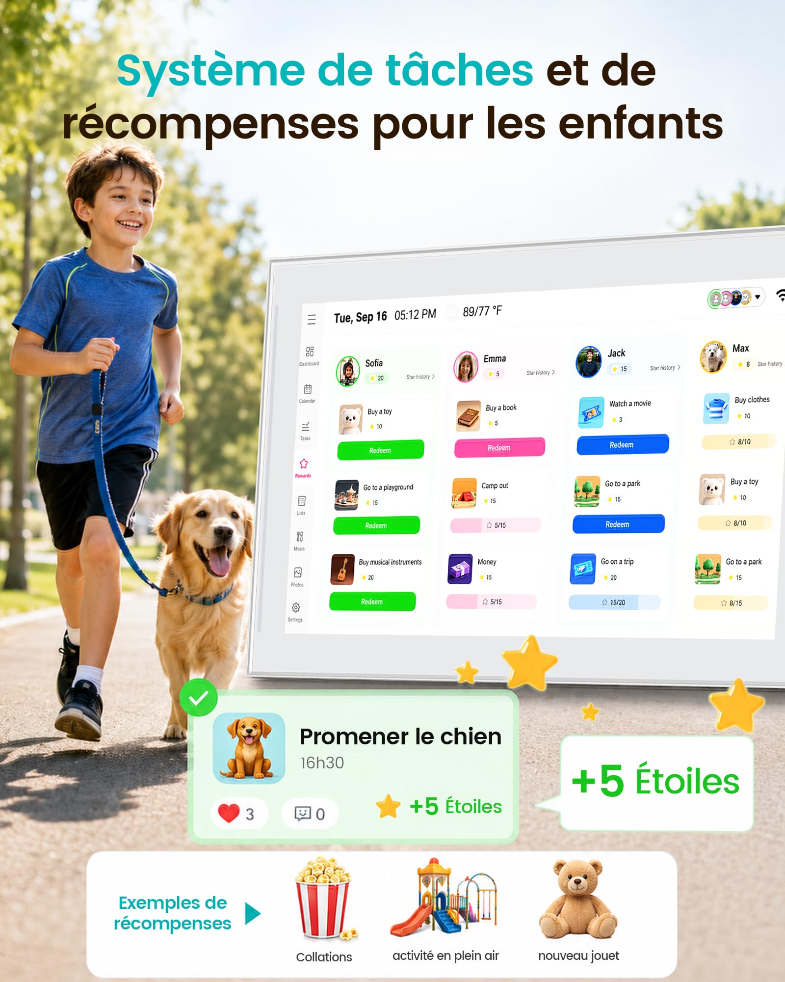 Calendrier Numerique Mural Familial,Organisateur Familial,Planning Semainer Enfant,Planificateur de Menus,Agenda Electronique avec TâChes Et SystèMe de RéCompenses,Synchronisé avec Google & Outlook