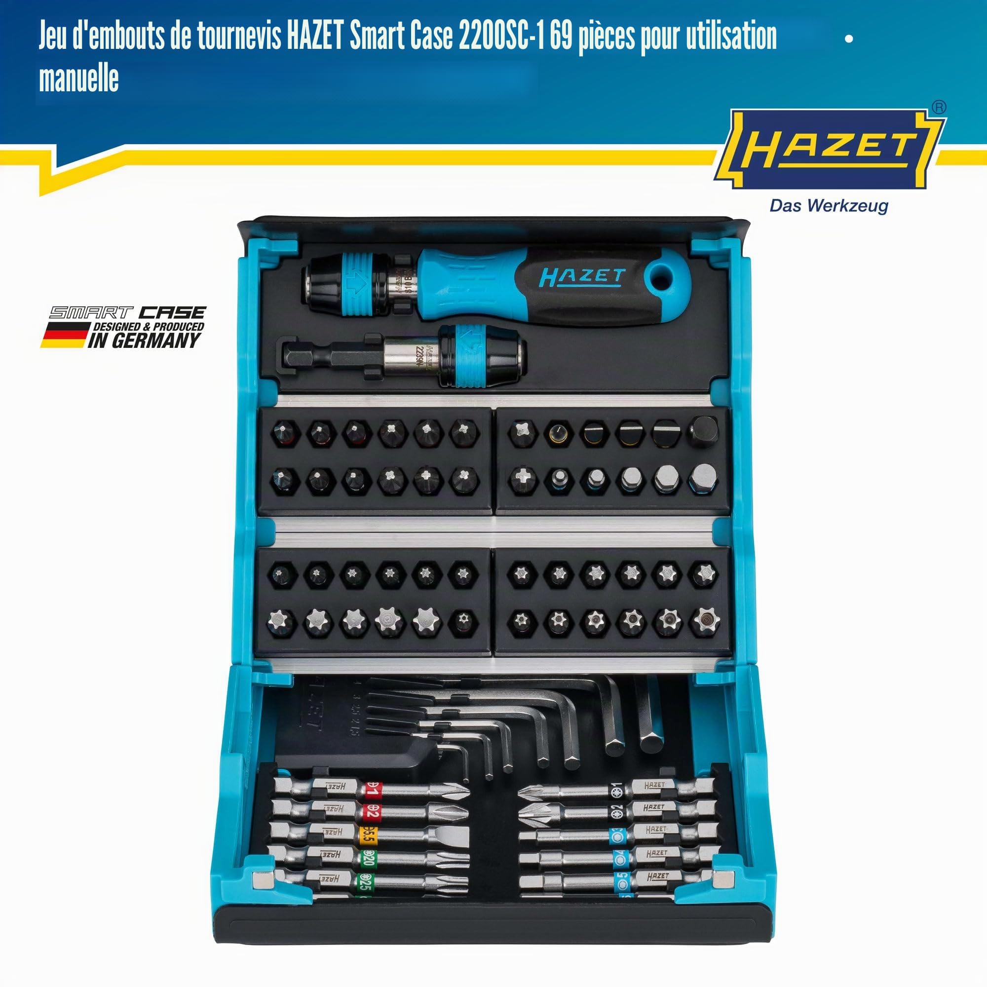 HAZET SmartCase Bit-Set 2200SC-1 I Jeu de 69 embouts d'outillage, entraînement : 6 pans 6,3 mm (1/4 pouce), pour commande manuelle I Mallette à outils mobile Fabriqué en Allemagne'.
