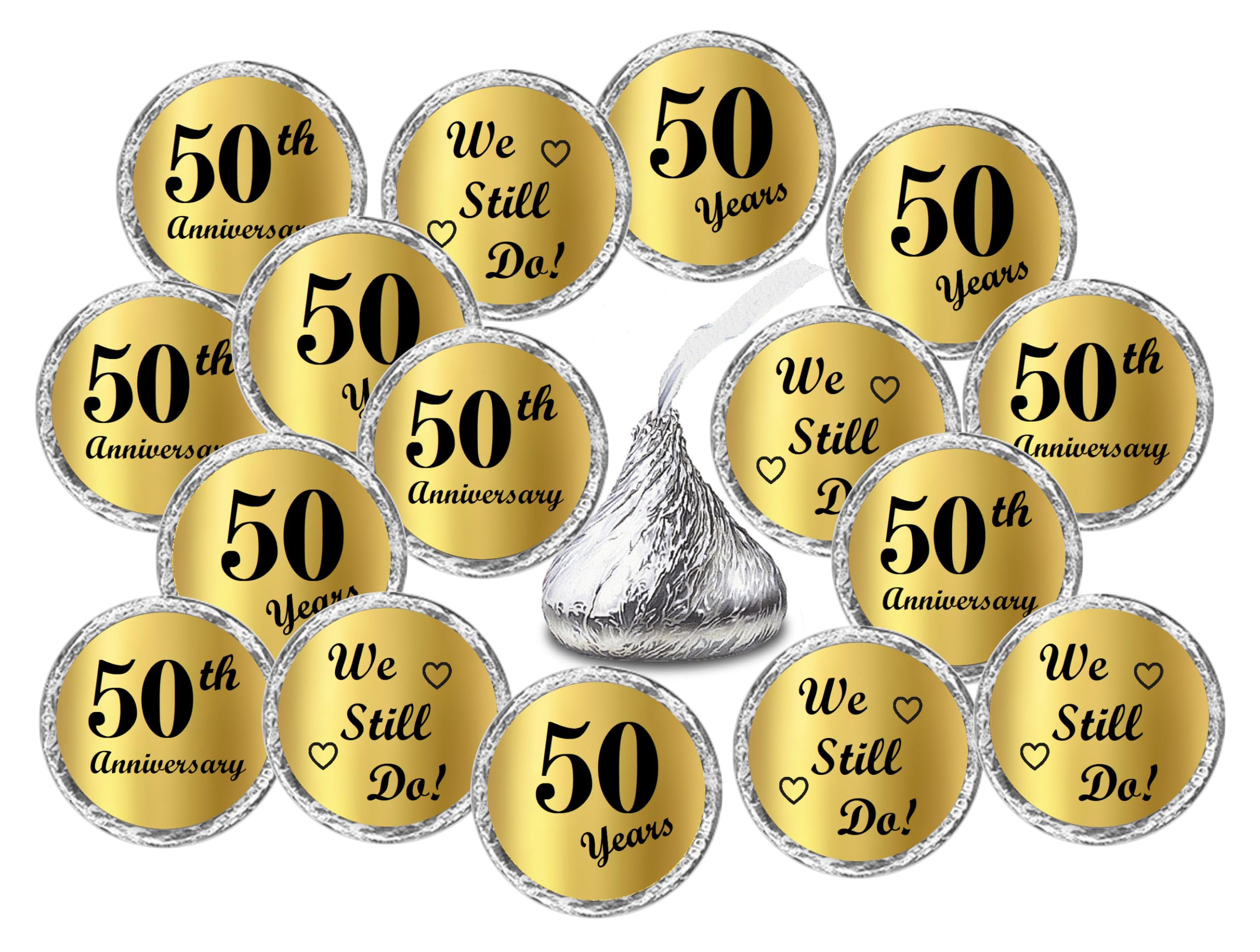 Gold Foil 50th Anniversary Kisses Stickers, (Set of 216) Chocolate Drops Labels Stickers for 50th Wedding Anniversary, Party Favors Decor for Kisses. Made in USA