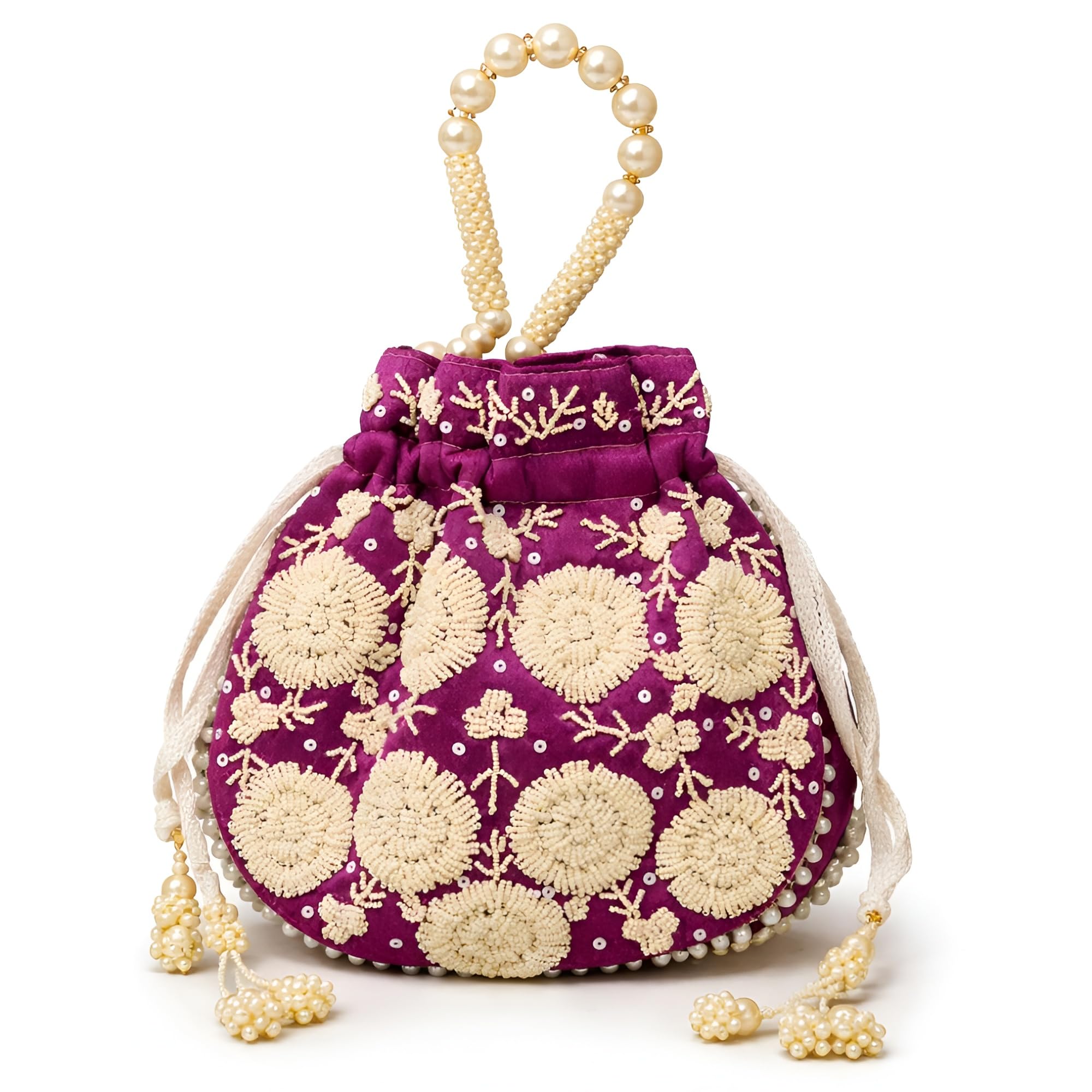 Classy Plum Pearl Embroidered Potli Bag for Women, Designer Ethnic Clutch with Pearl Handle & Tassels, Bridal Handbag, Festive Traditional Potli Purse (9 x 6 Inches)-image-39