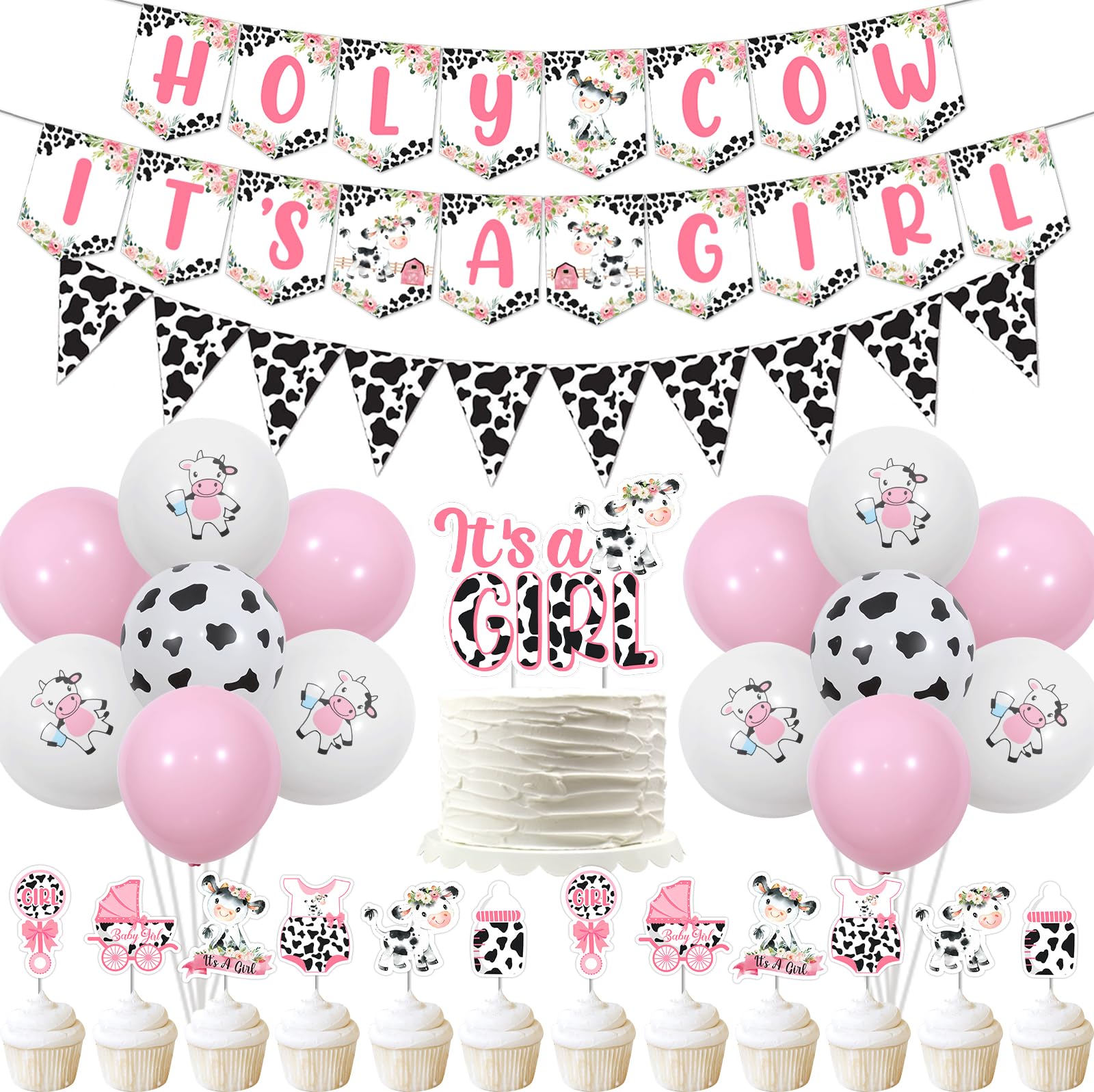 Fangleland Pink Cow Baby Shower Decorations for Girls - Holy Cow It’s A Girl Cow Print Farm Animal Theme Baby Shower Party Supplies with Balloons Cake