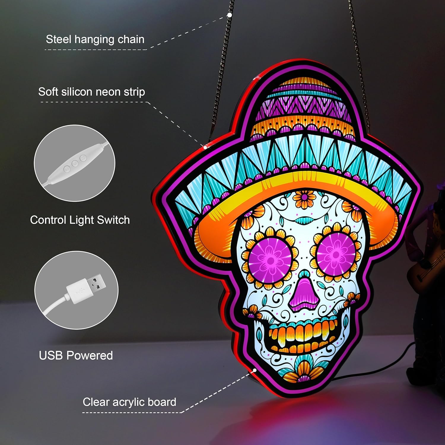 Mexican Day of the Dead Neon Sign,Innovative Integral Forming Process,With Dimmable Switch For All Holiday Party and Home Decoration - Image 2