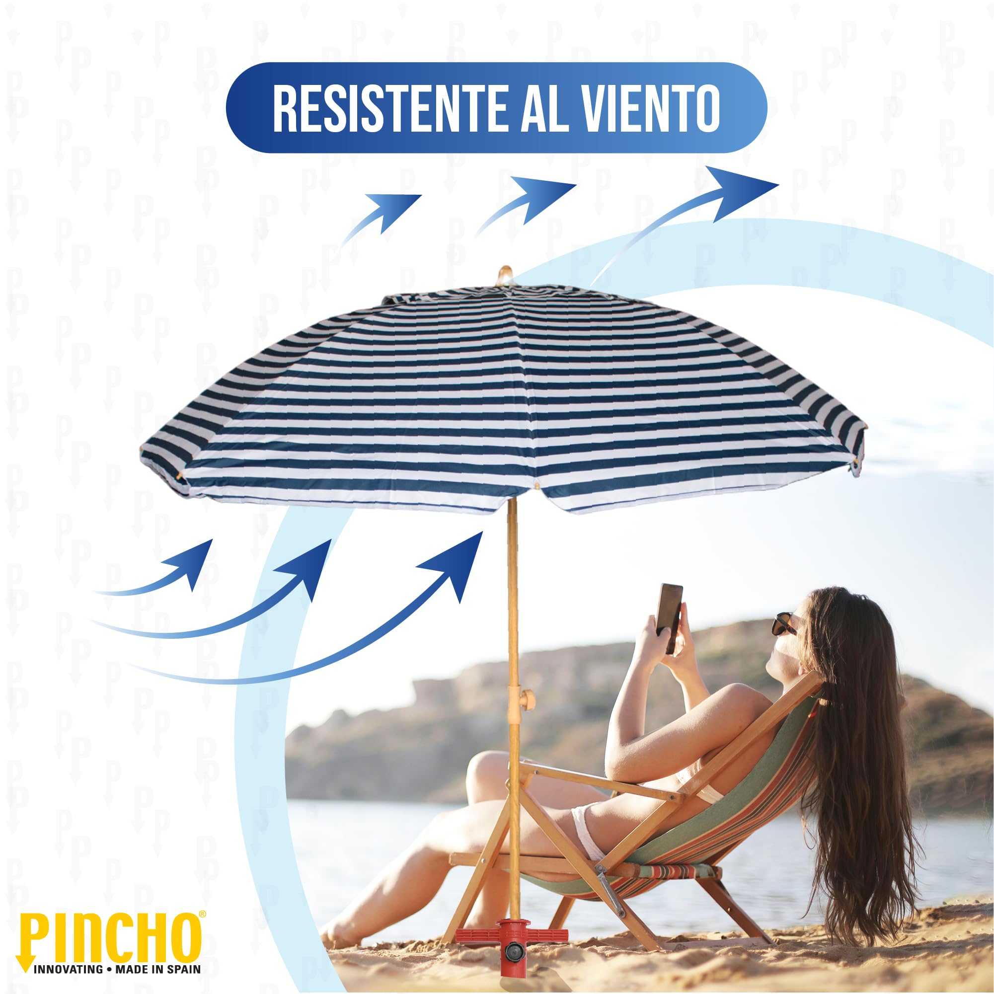 Pincho Ombrellone da spiaggia grande, 200 cm, antivento, con protezione UV50+, tubo in alluminio e 8 stecche in fibra di vetro, reclinabile con finestra superiore, include punta in alluminio