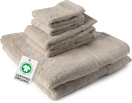 Naturepedic 100% Organic Cotton Bathroom Towel Set - 6 Piece Luxury Bath Towel Set with Thick, Absorbent, Large Terry Cloth Bath Towels, Plush Hand Towels and Soft Washcloths - Taupe