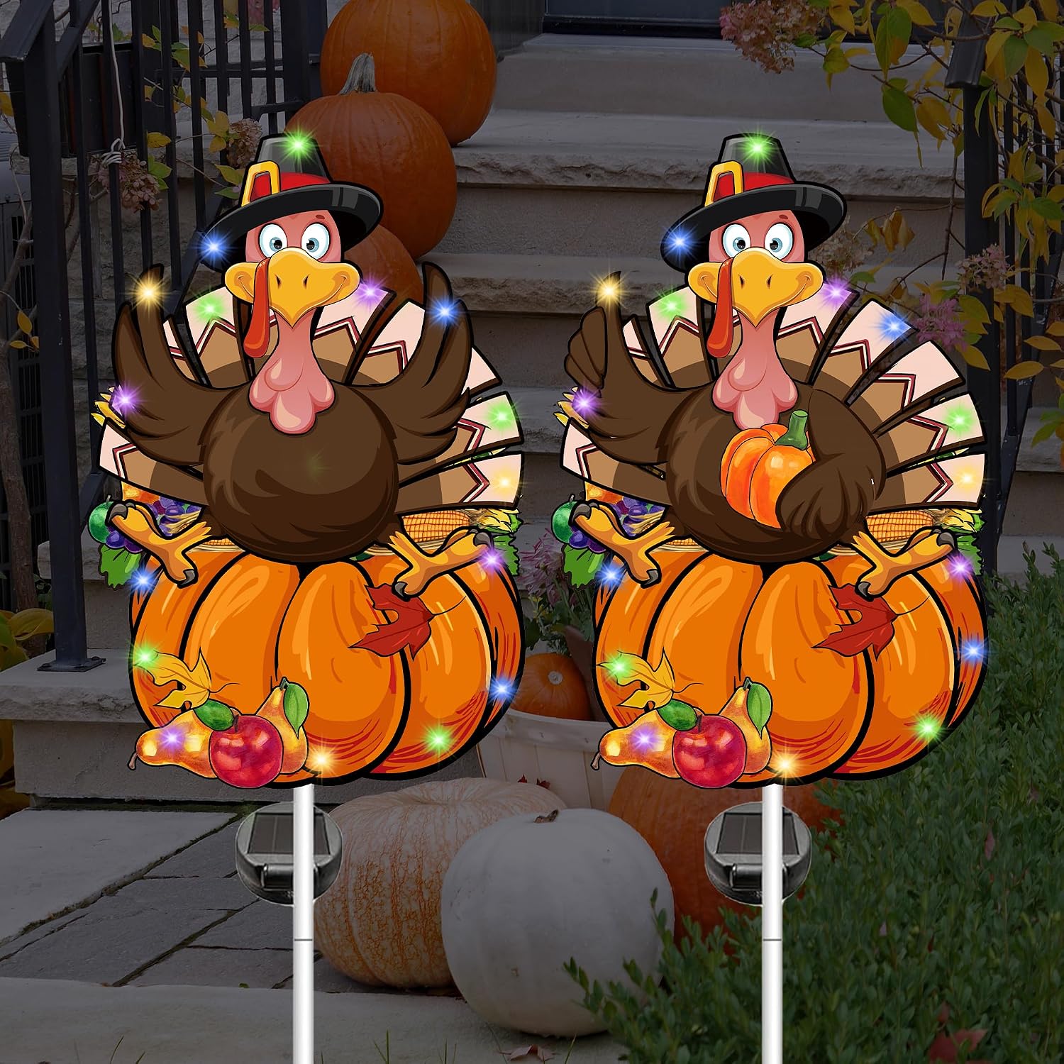 Thanksgiving Decorations Outdoor, Solar Thanksgiving Turkey Garden Stake Lights, 41 Inches Metal Tree Turkey Decorations, Fall Decor Lights for Yard Garden Lawn Pathway