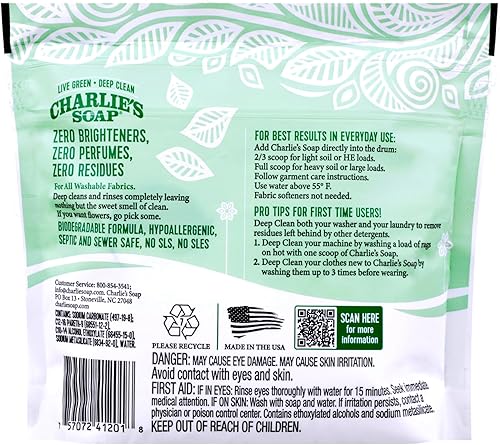 Miniatura 2 de Charlie's Soap Polvo de lavandería (50 cargas, 1 unidad) hipoalergénico detergente en polvo de limpieza profunda, ecológico, seguro y eficaz