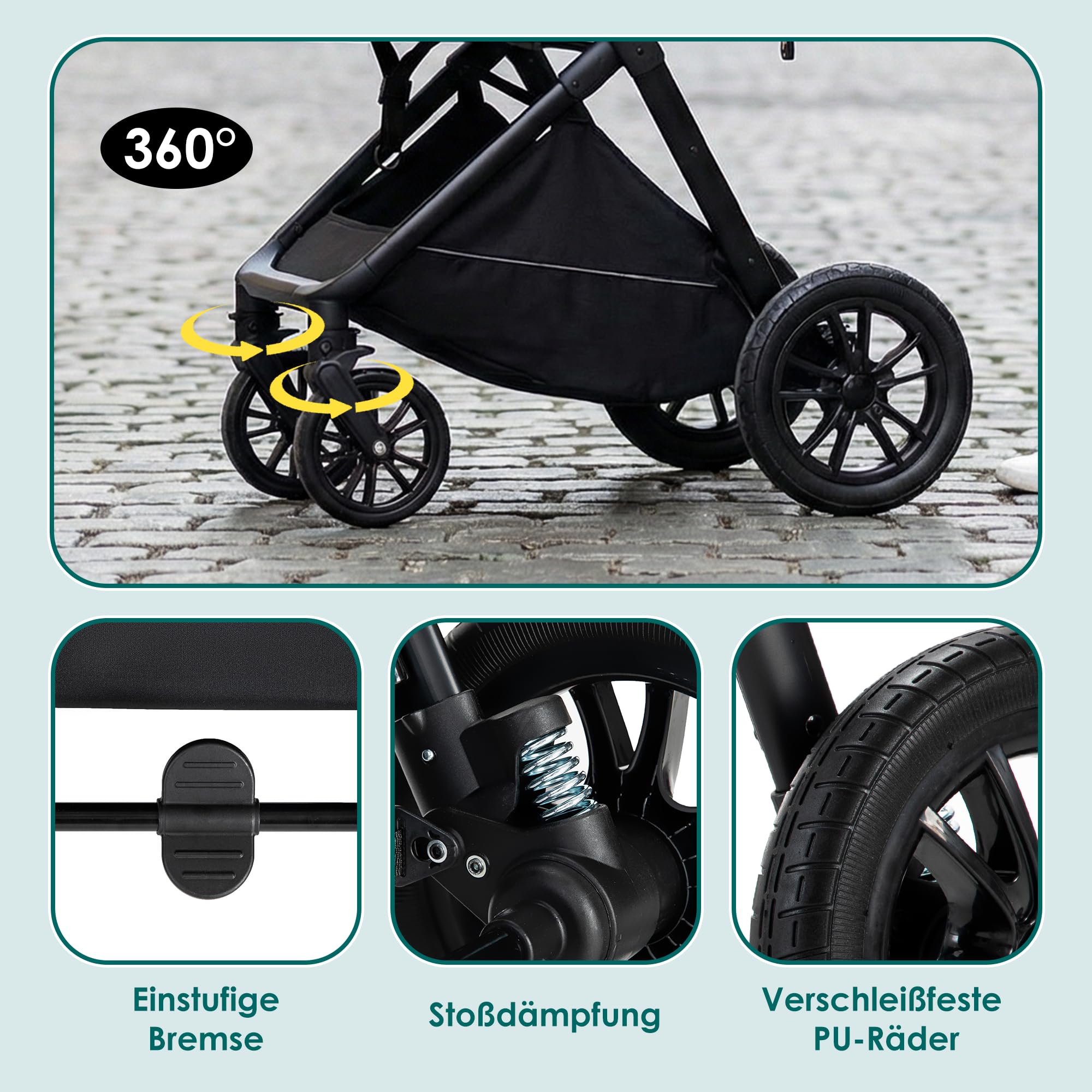 Kinderwagen 3 in 1, Kinderwagen, Zusammenklappbar kombikinderwagen 3 in 1 komplettset inkl. Becherhalter, Moskitonetz, Fußabdeckung, Regenschutz, Kinderwagen for 0-36 Monate, Khaki