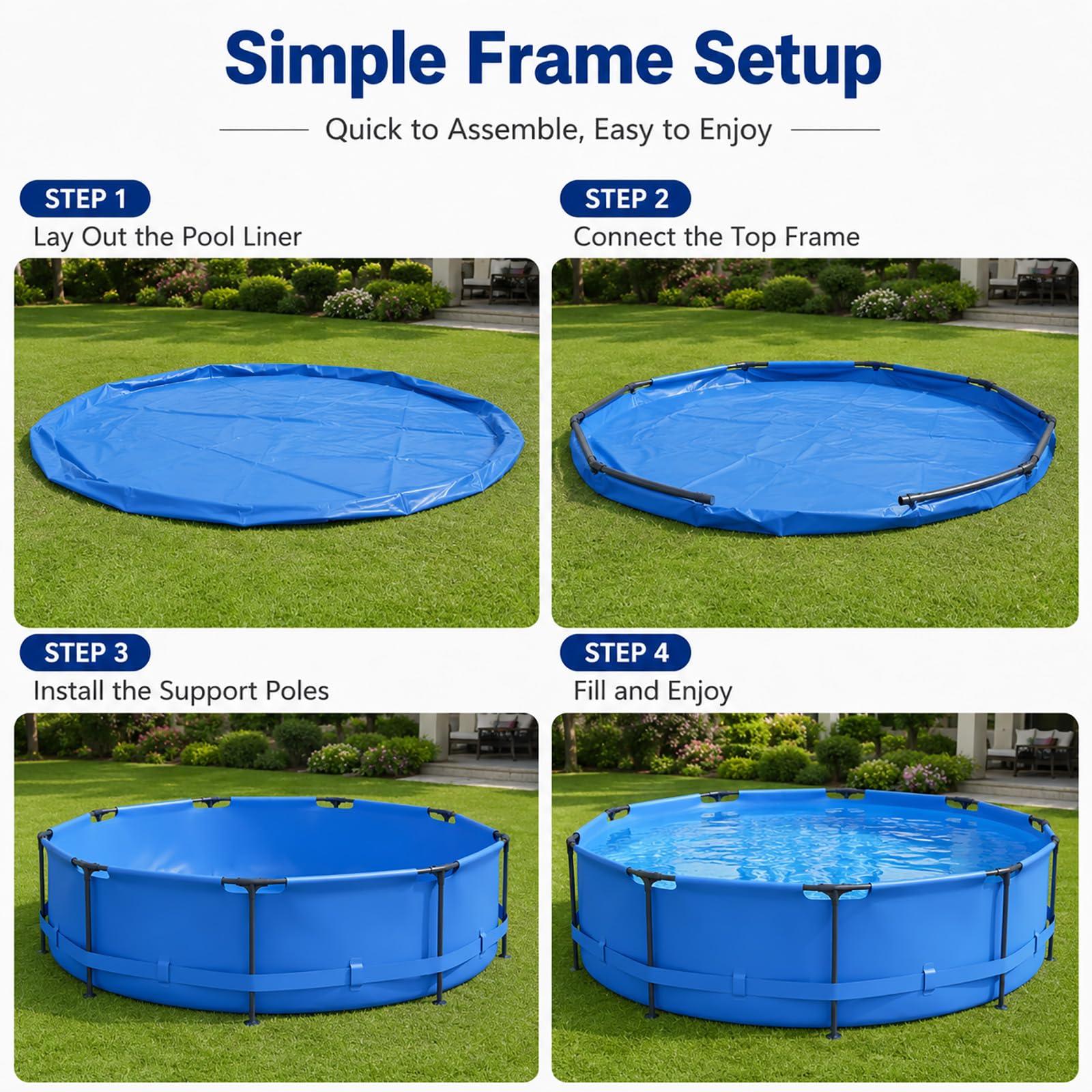 Piscina Fuori Terra Rotonda, Piscina con Struttura in Acciaio | Telaio Rinforzato per un'Area Piscina Stabile e Familiare(blue)