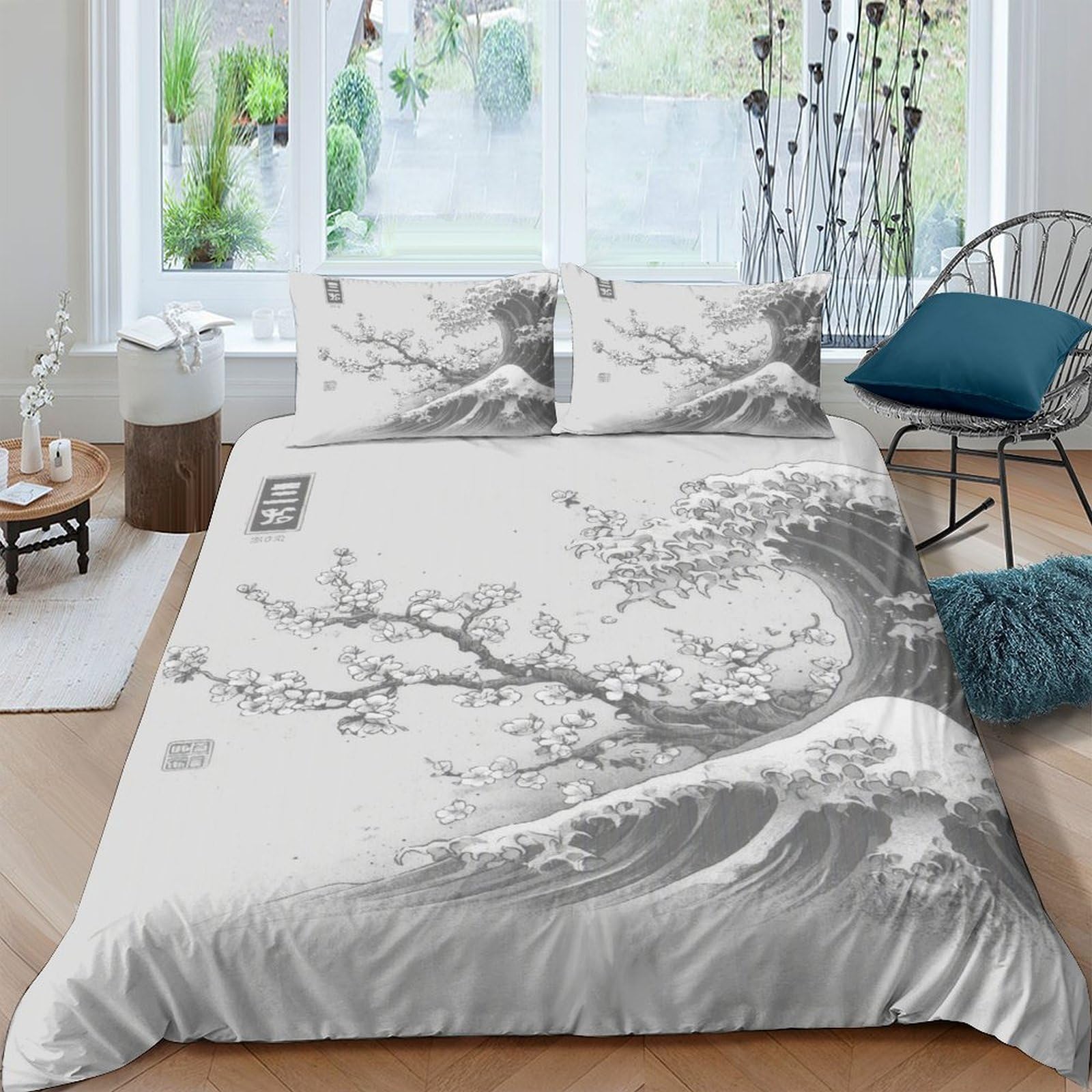 GPLZQXKJNH 3D Printed Japanese Ink Landscape Duvet Cover Microfiber Breathable Mountain Wave Bedding Set with 2 Pillowcases for Bedroom Decor Single（135x200cm）
