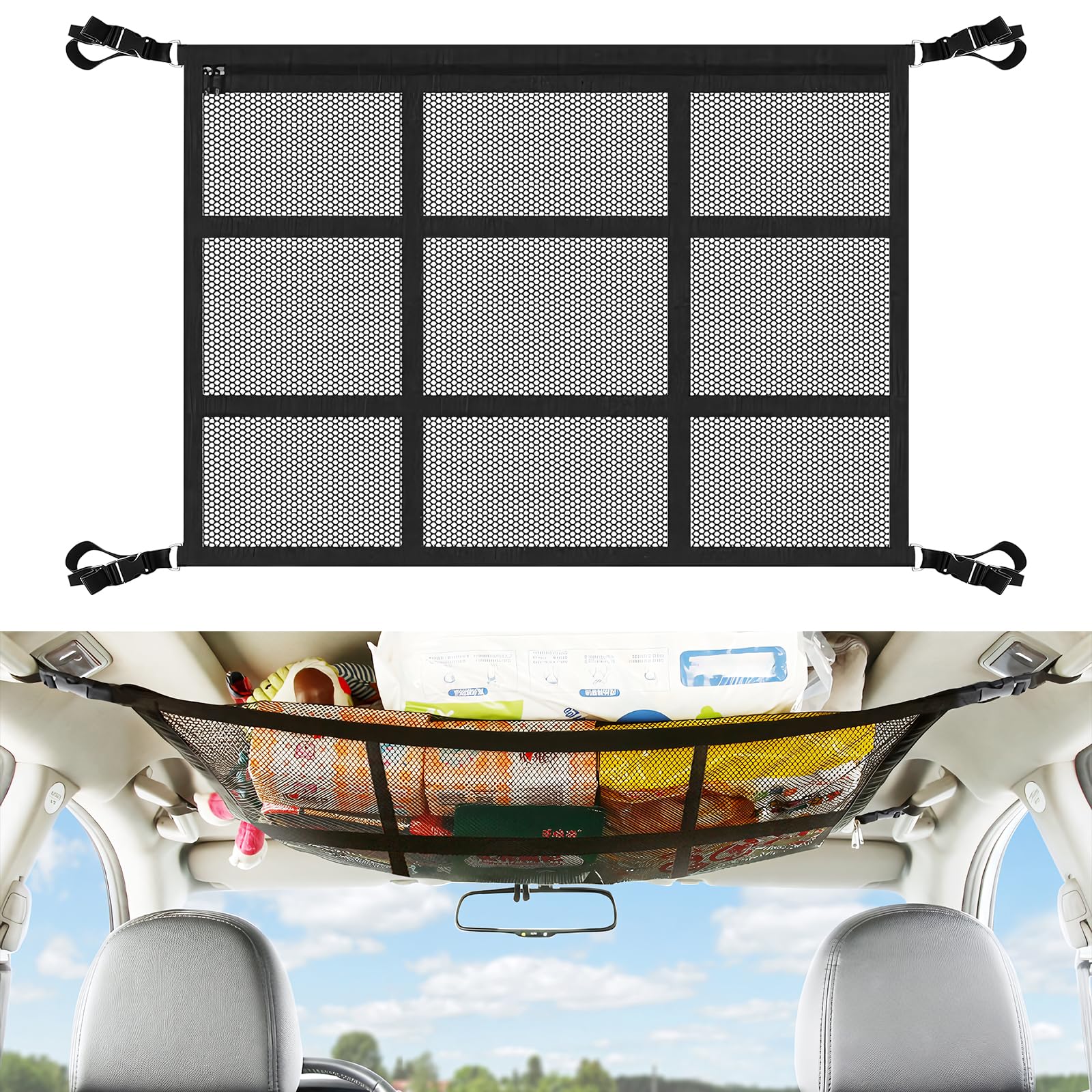 ANBUYCar Ceiling Storage Net Pocket for SUV, Van, Cargo, Most Vehicle, Auto Interior Accessories,Car Roof Storage Bag, Improve Version, Black
