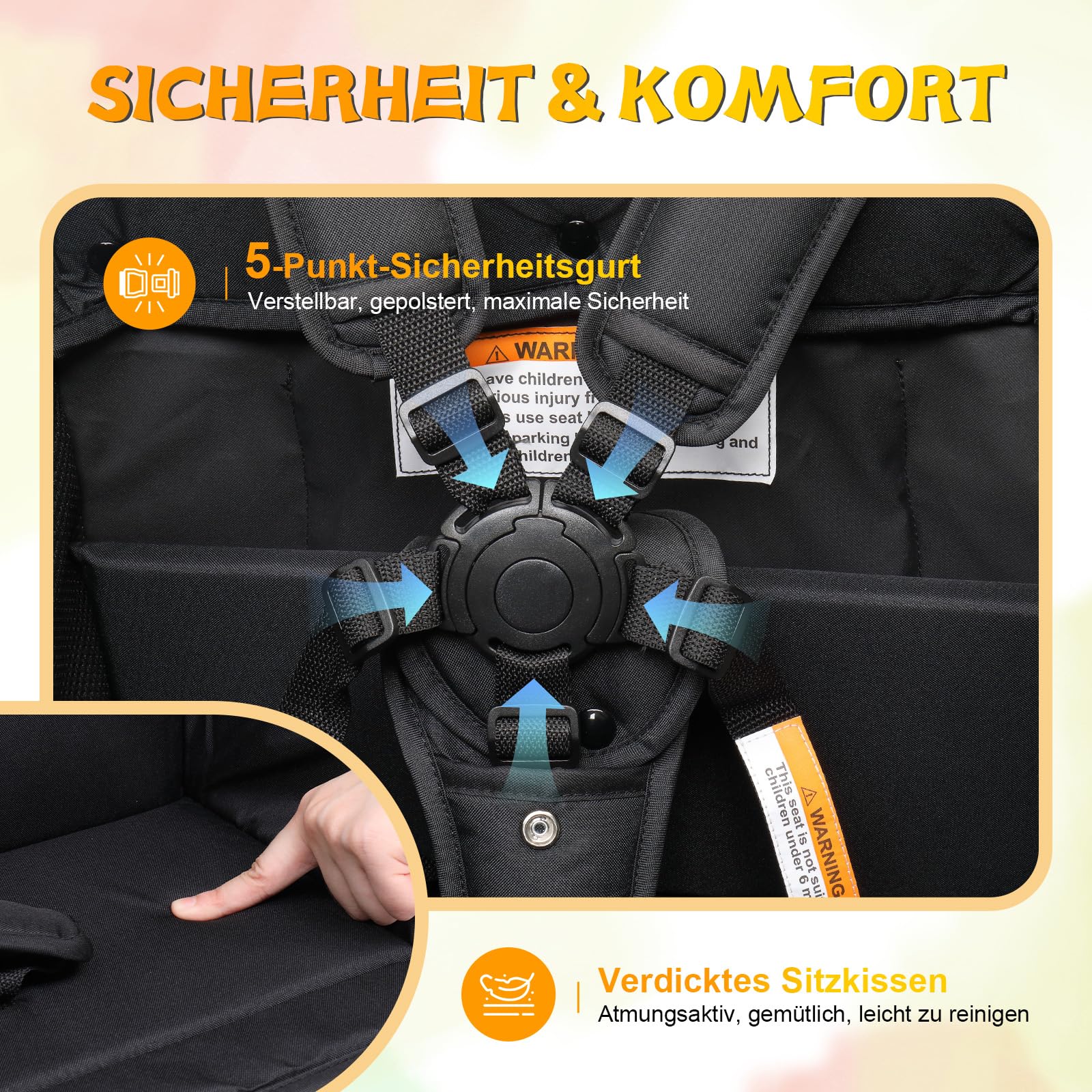 Bonnlo Bollerwagen Faltbar Kinder mit Dach, Doppel-Kinderwagen 121x53x110,5 cm, All-Terrain-Räder, 360° Vorderräder mit Federung, Fußbremse, 5-Punkt-Gurt, abnehmbares Sonnendach UV-Schutz, Schwarz