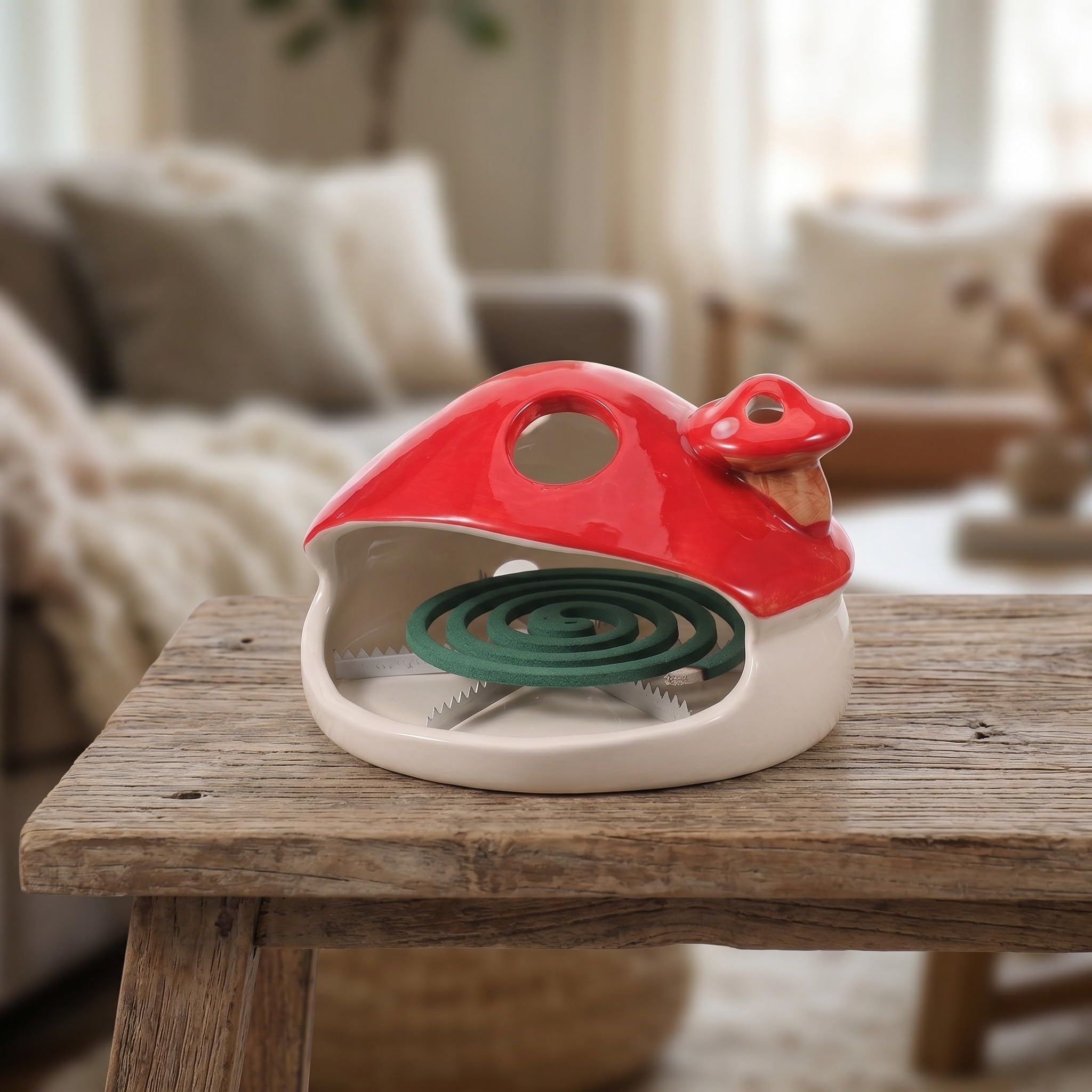Yardenfun Porta Incienso Protector de Superficies en Forma de Hongo Rojo de Cerámica Acabado Vidriado y Recogedor de Residuos Adecuado para Estudio o Patio Exterior