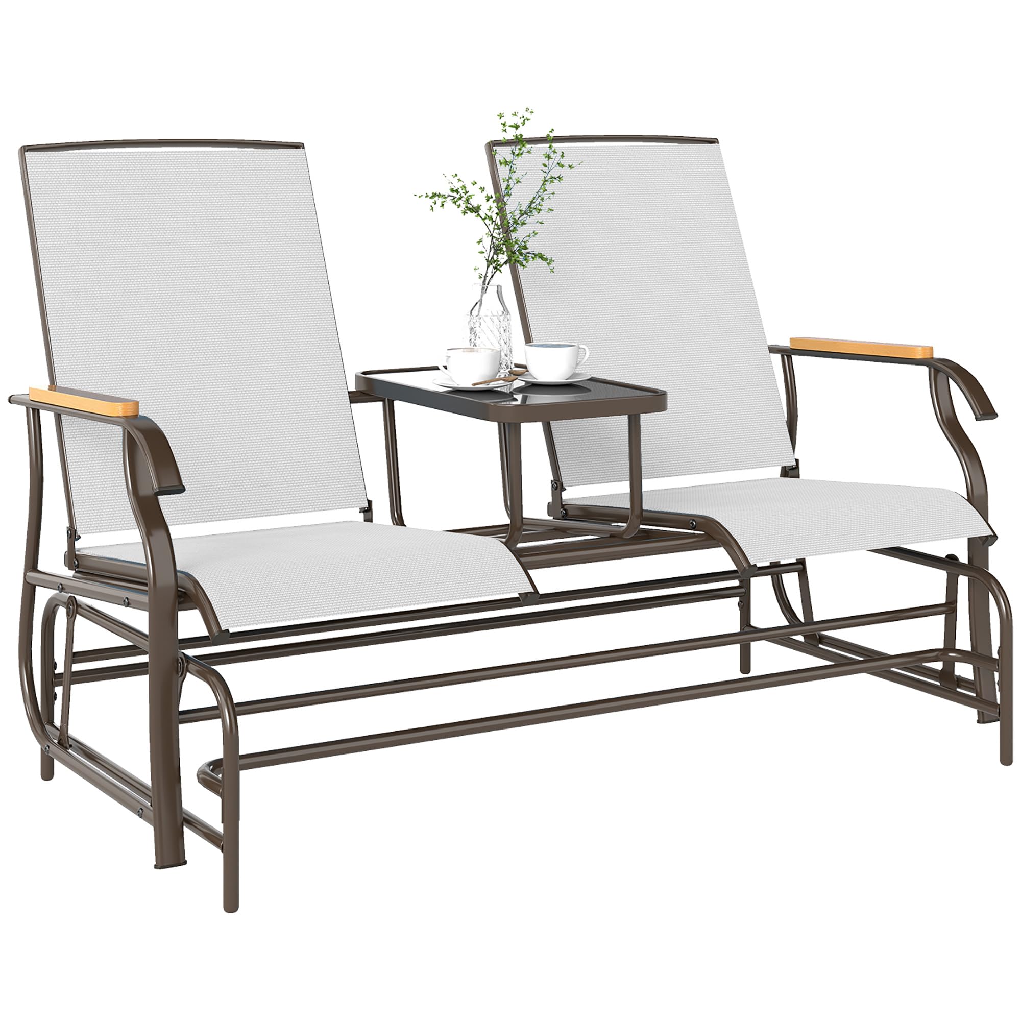 Outsunny 2 Person Outdoor Glider Bench, Patio Swing Glider Chair Loveseat with Breathable Mesh, Table, Steel Frame for Garden, Backyard, Porch, Cream