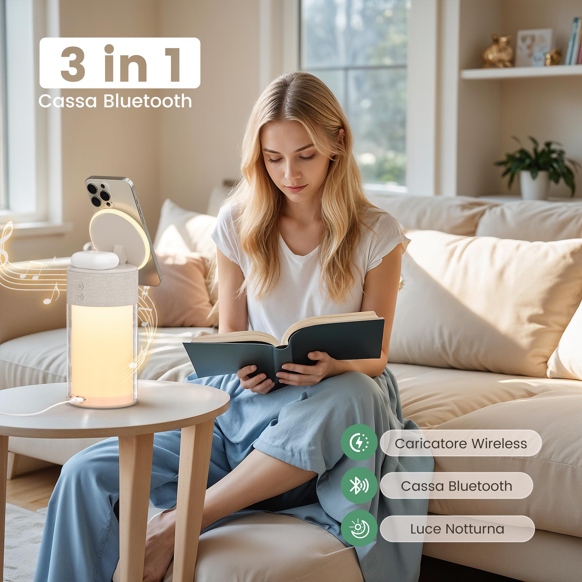 COLSUR 3 in 1 Cassa Bluetooth Potente, Caricatore Wireless per iPhone AirPods, Altoparlante Bluetooth con Luce Notturna, idee Regali Regalo uomo donna, Addobbi Natalizi per la casa - Oro