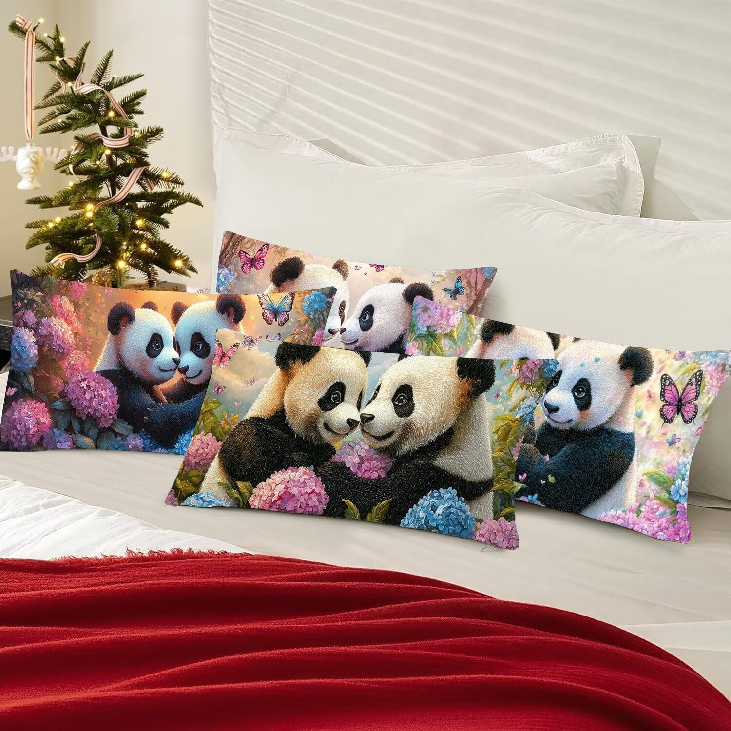 Zestaw 4 poszewek na poduszki 40 x 80 cm, poszewki na poduszki dekoracyjne kwiaty haft panda prostokątna pościel pościel na sofę krzesło do sypialni na zewnątrz wystrój poduszki R-876