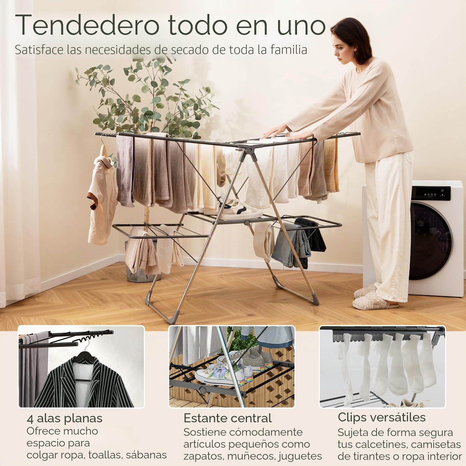 GIANTEX Tendedero Plegable de 2 Niveles, Secador de Ropa con Alas Ajustables en Altura (75-130 cm), 33 Barras, Clip Útiles, Marco de Acero en Forma de A, Tendedero Ahorra Espacio