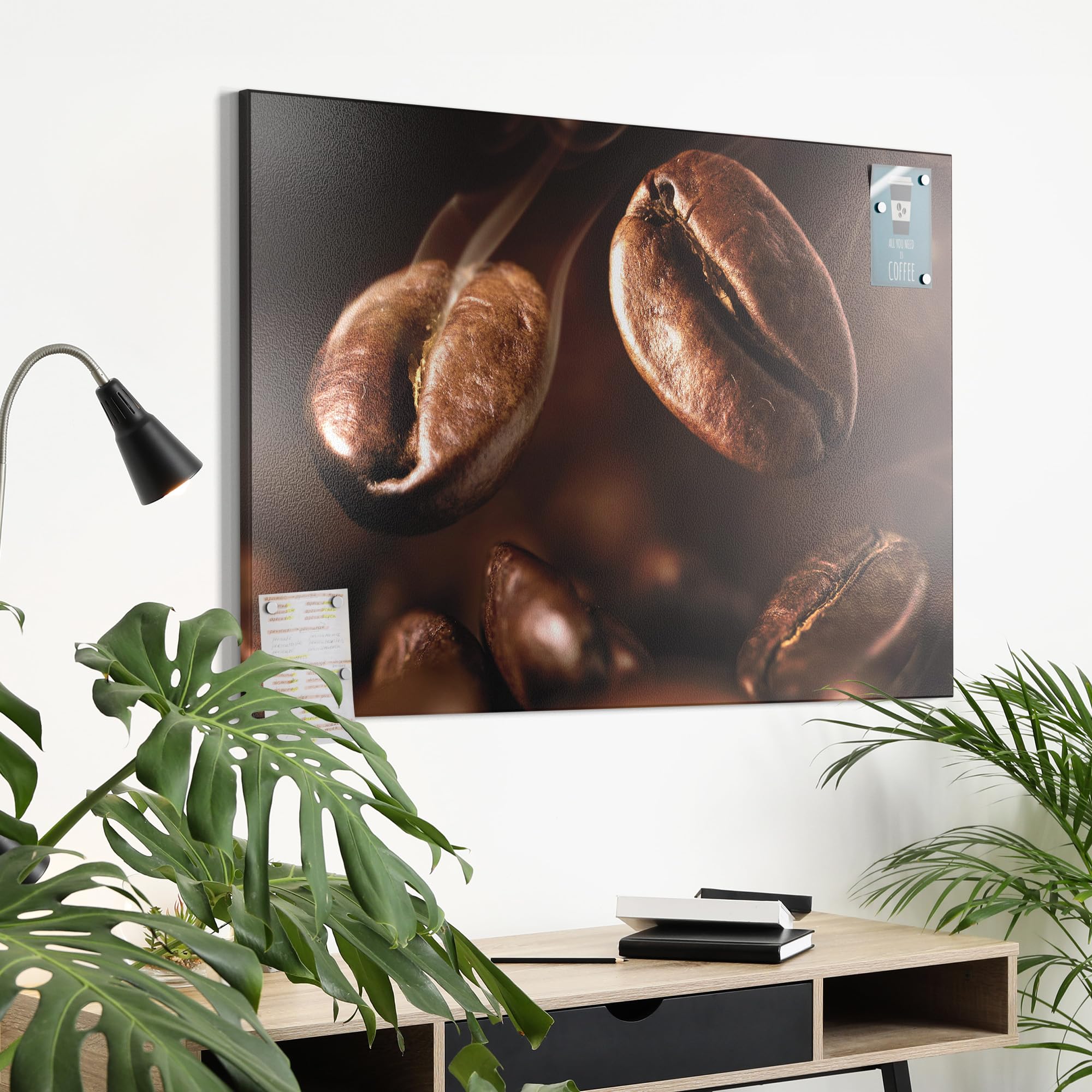 DEQORI Metalowa tablica magnetyczna | wymiary 90 x 60 cm | motyw "Pachnące ziarna kawy" | tablica suchościeralna na wszystkie magnesy | tablica magnetyczna do kuchni i biura | designerska tablica