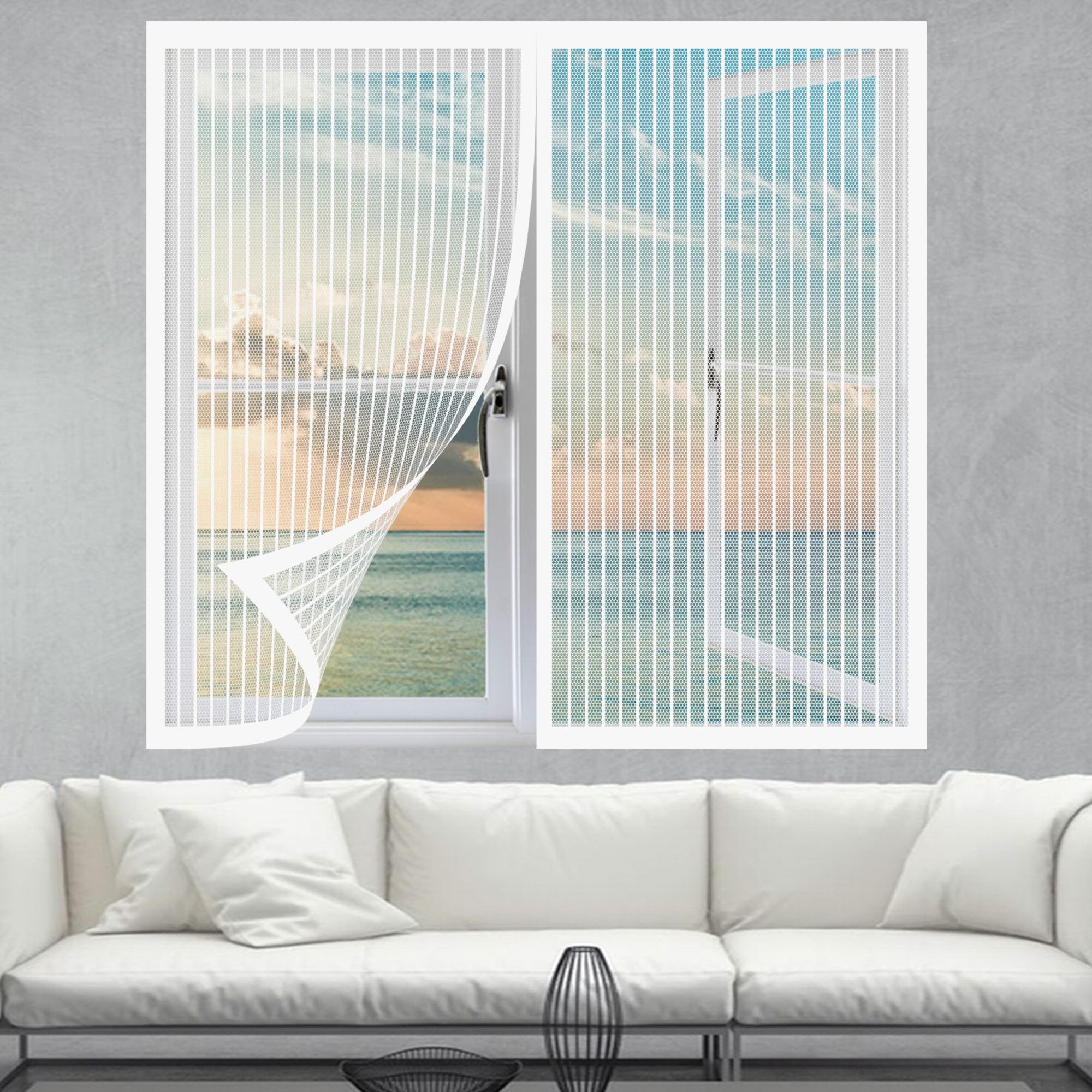 Window Fly Screen 165 x 75 cm with Selfadhesive Fly Screens for Windows Magnetic Without Drilling Or Screwing with Self Adhesive Tape for Windows Doors and Patio Screens, White