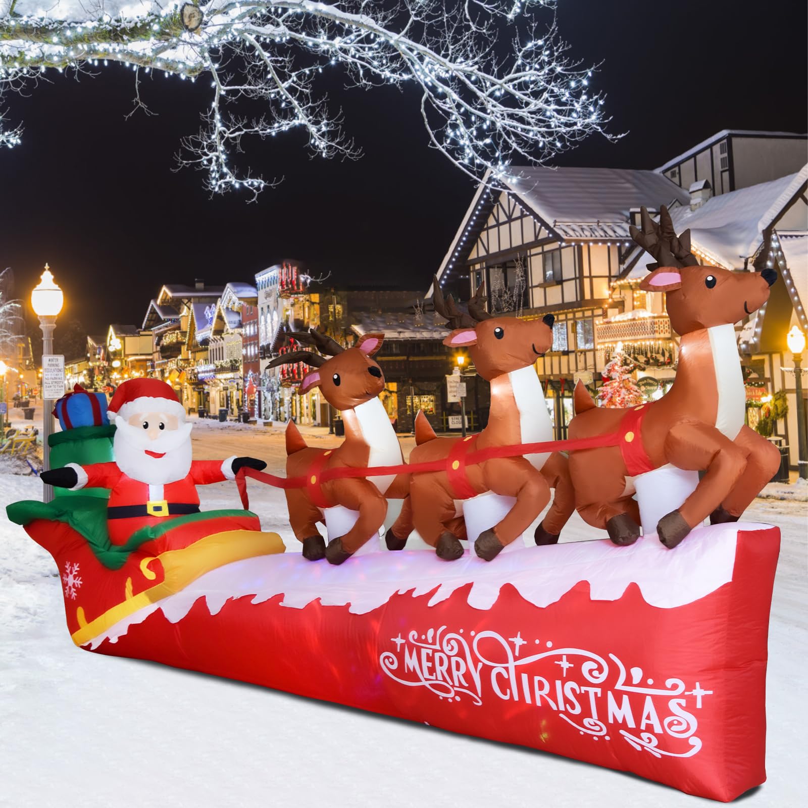 Babbo Natale gonfiabile su slitta con 3 renne, con illuminazione a LED integrata, decorazione natalizia per il giardino