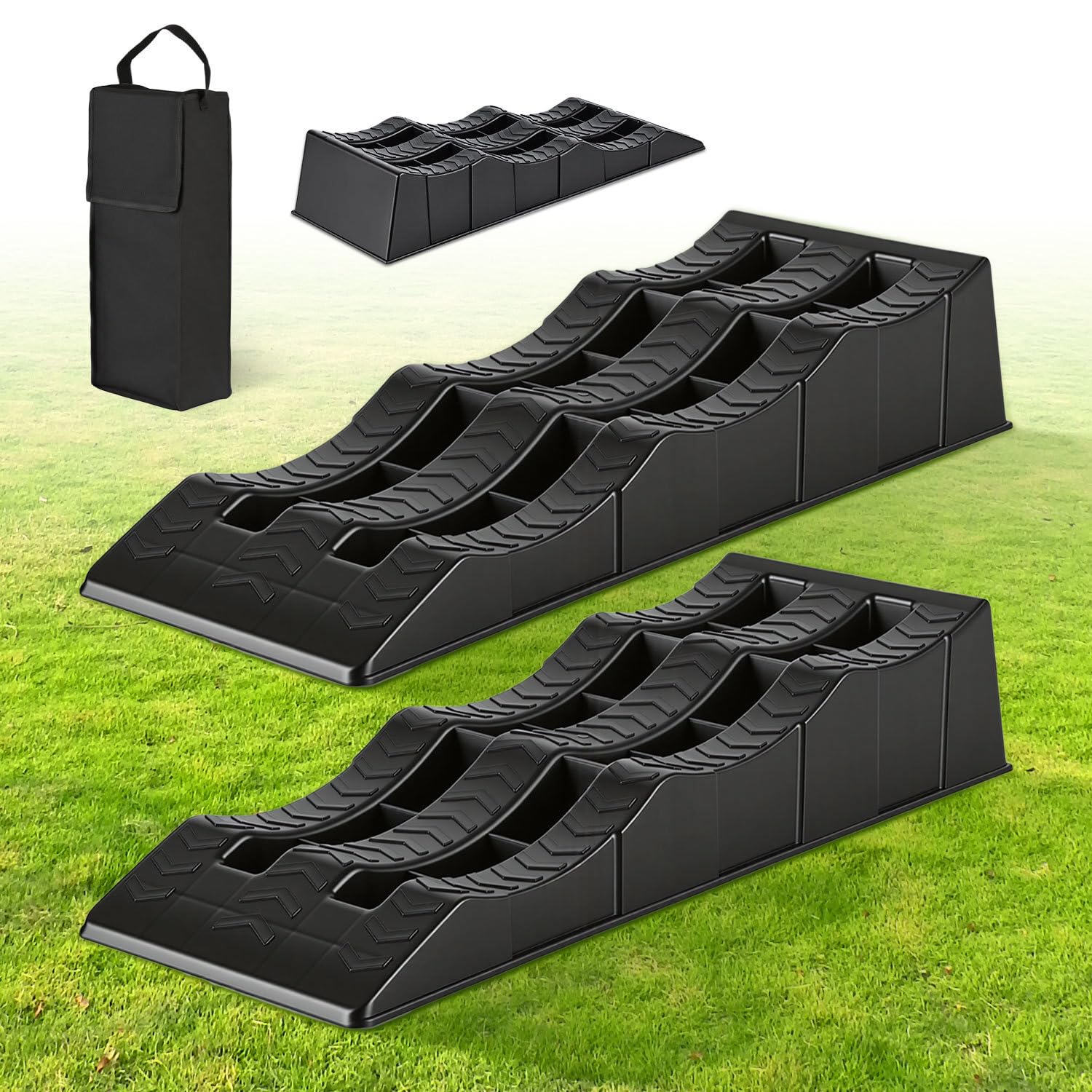 Auffahrkeile für Wohnmobil 2 x 2er Set, 3 Stufen 40/70/100 mm, bis 3,5 t belastbar, inkl. Tragetasche, Rutschfeste Auffahrkeile für Wohnwagen, Camper & Anhänger