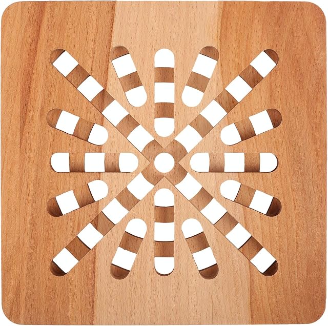 Creative Home Square Wooden Hot Pot Stand Pan Trivet | 19,5 x 19,5 x 1,5 cm | Table, Worktop & Counter Protector | Non Slip Natural Beech Wood | Reversible Heat Resistant Kitchen Coaster & Mat