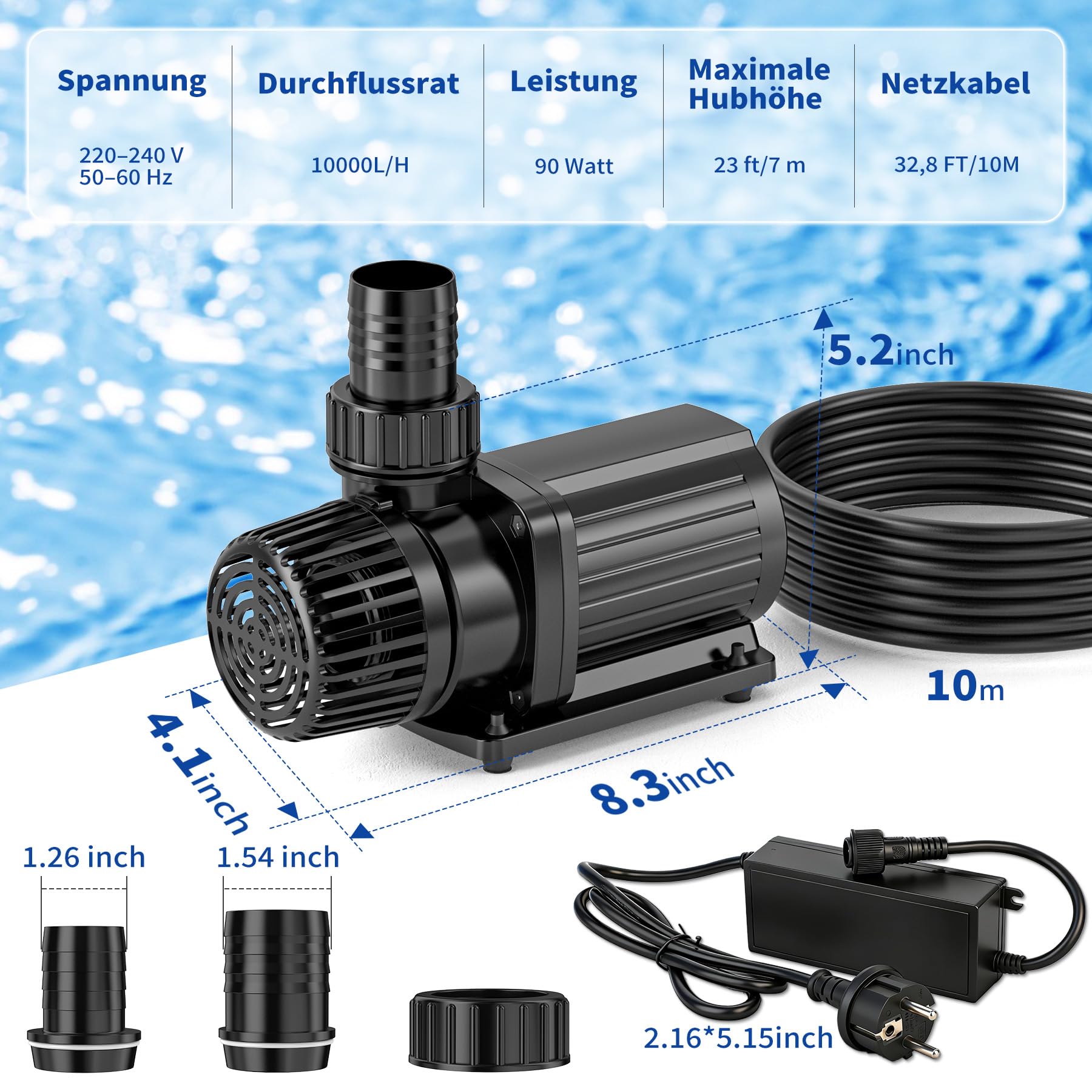 Eco Teichpumpe 10000L/H 85W, energiesparende Filterpumpe Hoherem Durchfluss, Bachlaufpumpe für Koiteiche, Umwälzpumpe, Gartenteichpumpe, Gartenteich für Süßwasser & Salzwasser
