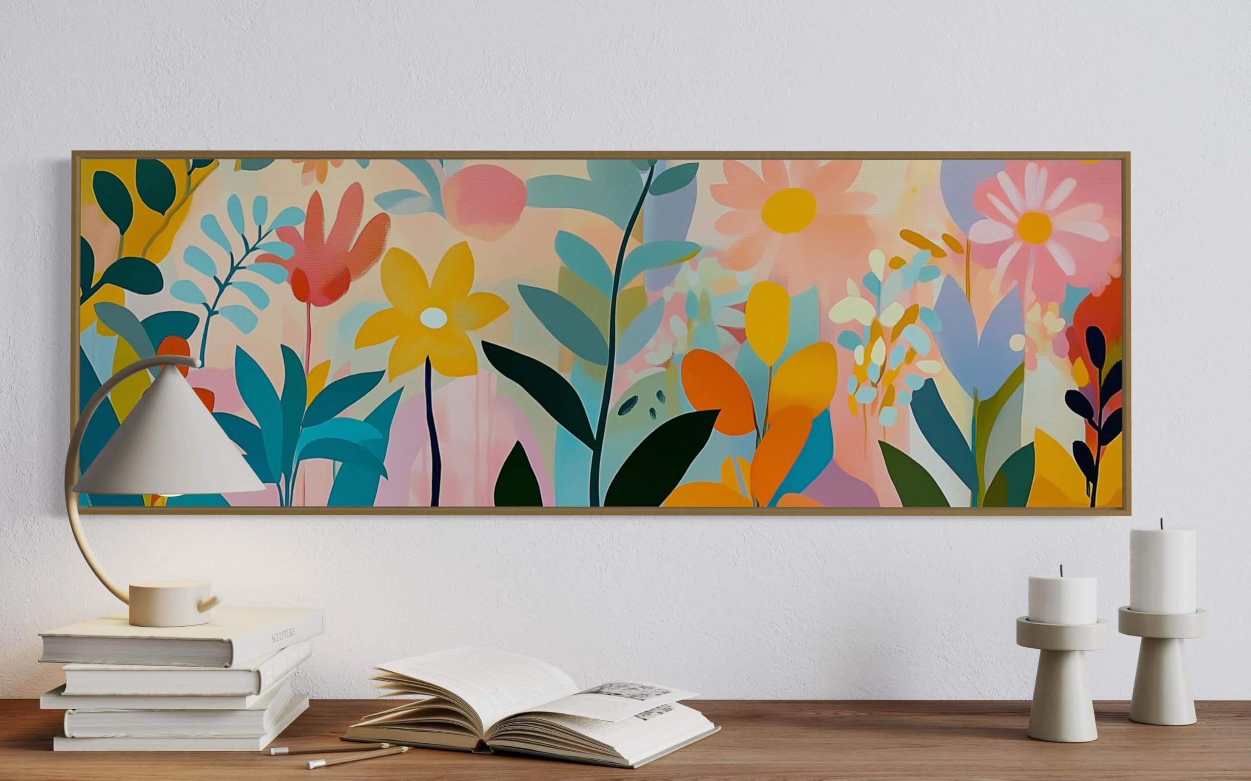 CAOXTART Abstrakcyjne płótno kwiatowe boho - kolorowa sztuka botaniczna na ścianę, nowoczesny plakat kwiatowy druk, obraz dekoracyjny do sypialni (40 x 120 cm/ramka wewnętrzna)