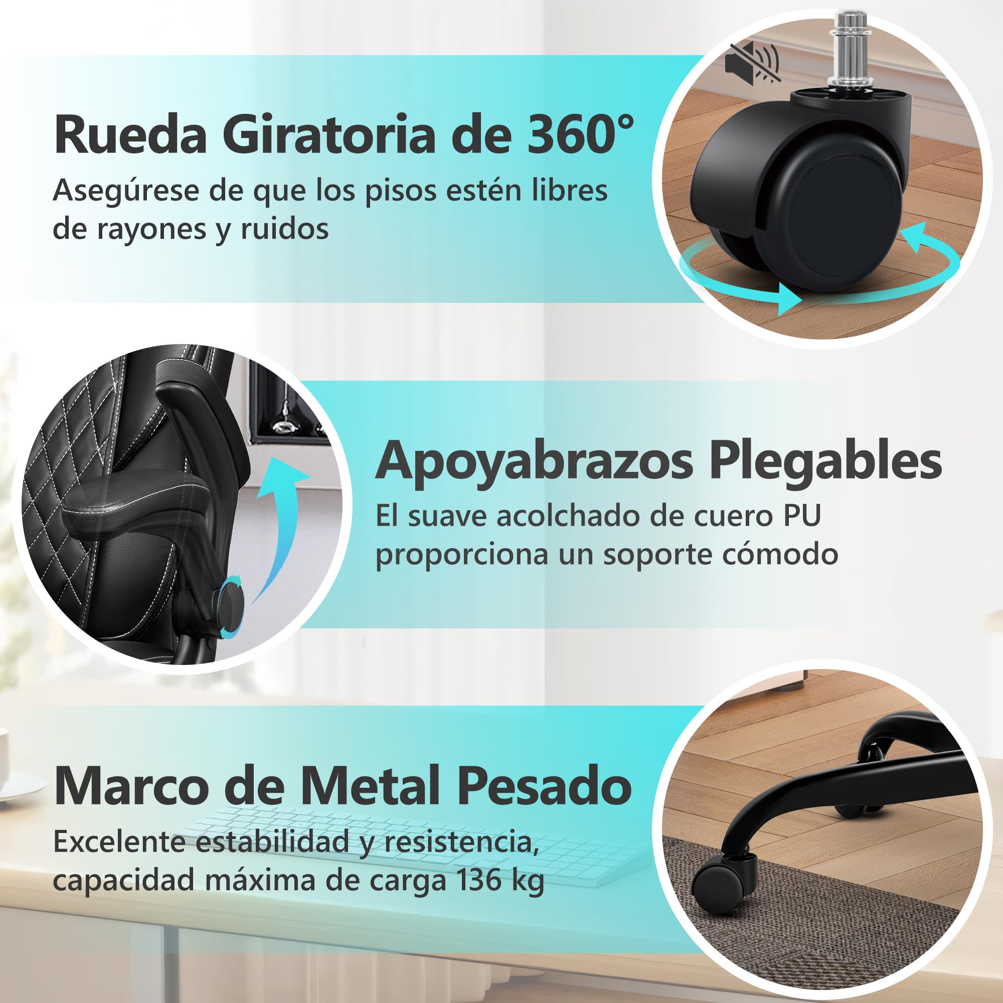 Silla de Oficina Ergonómica Piel Sintética Ajustable Giratoria 136 kg Negro