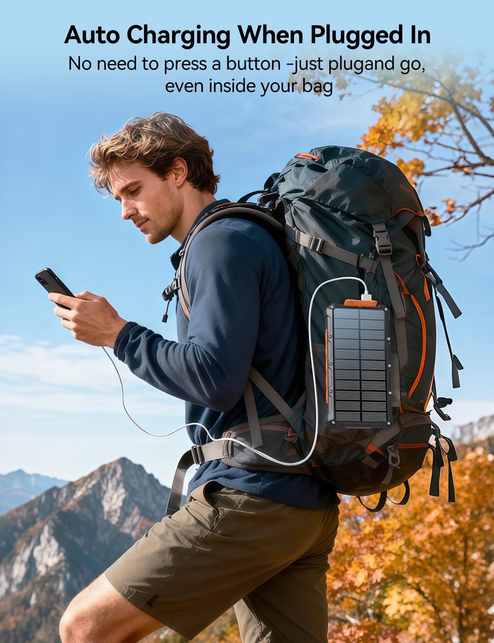 Cargador solar de batería de 20000 mAh, cargador de batería solar para teléfono celular, carga rápida de 20 W, cables integrados, batería externa portátil de camping Essentials compatible con