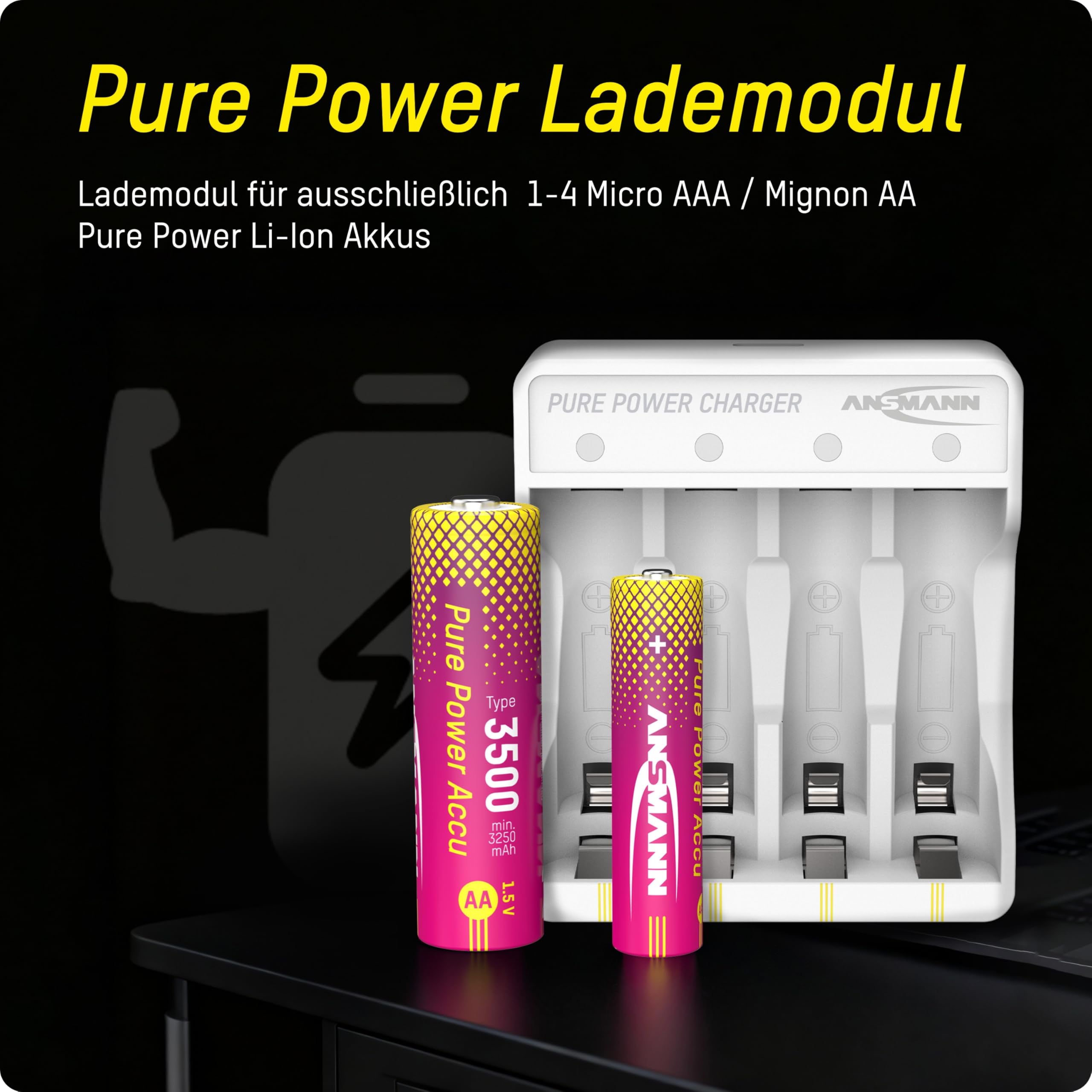 ANSMANN Lithium-Ladegerät Pure Power inkl. 4X Mignon AA Akkus mit höchster Kapazität und Lademodul, Langer Laufzeit und Schutztechnik, ideal für Geräte mit hohem Energiebedarf