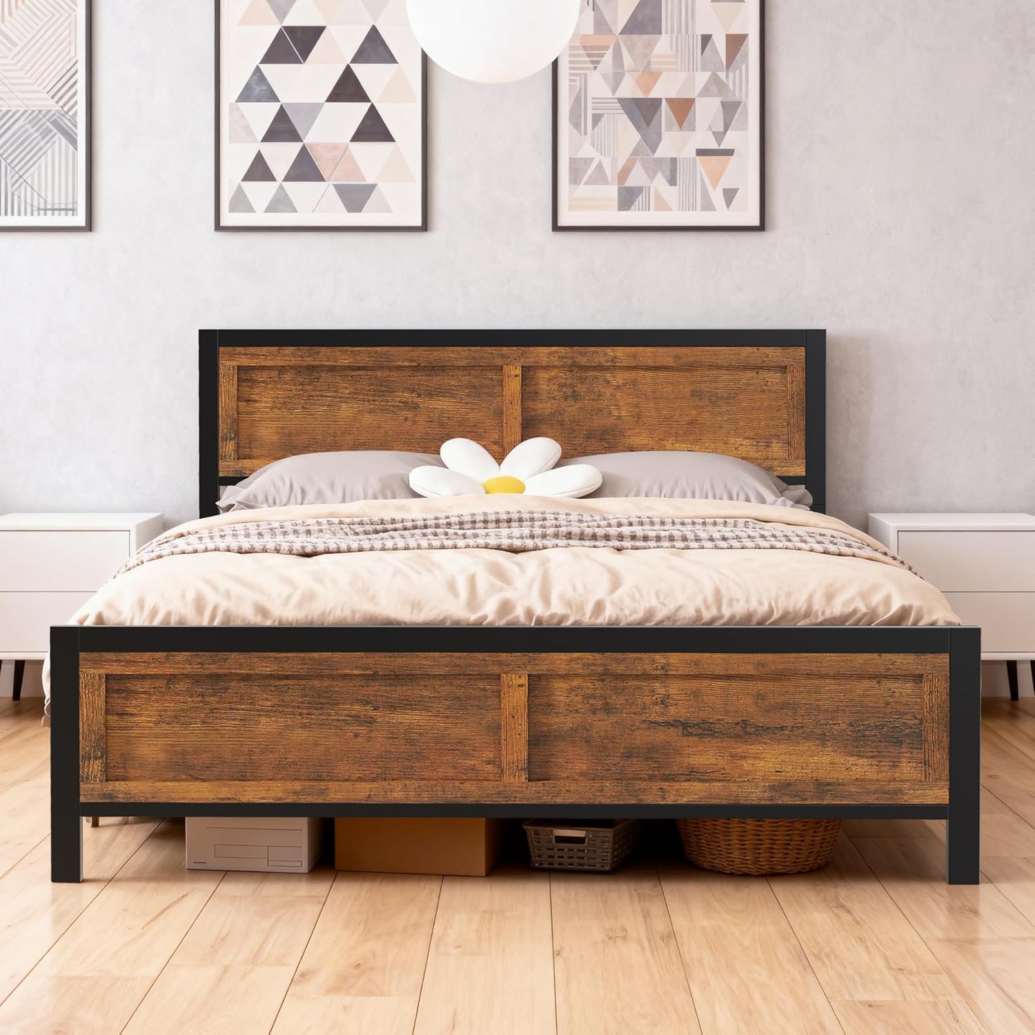WEUP Queen Size Platform Bed Frame with Wooden Headboard and Footboard, Heavy Duty Steel 13 Slat Support(1000LBS), Under Bed Storage, No Box Spring Needed, Easy Assembly(Vintage-Tone)