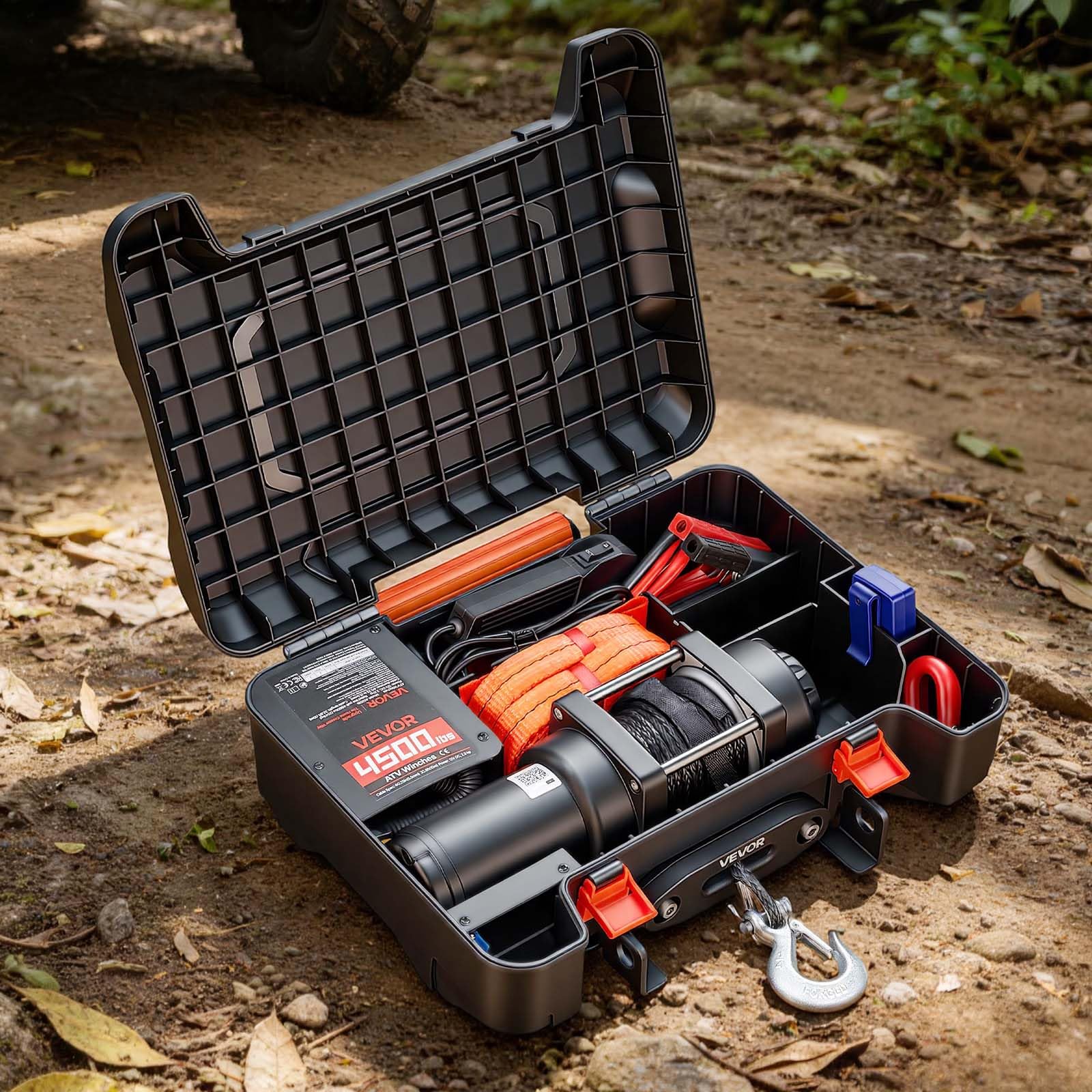 VEVOR Elektrische Seilwinde 12V, Mobile Seilwinde mit 2041kg Tragkraft & Fernbedienung, Tragbare Motorwinde mit Synthetikseil Seilführung Schäkelhaken Gurt Tragkiste, Elektrowinde für ATV UTV Offroad
